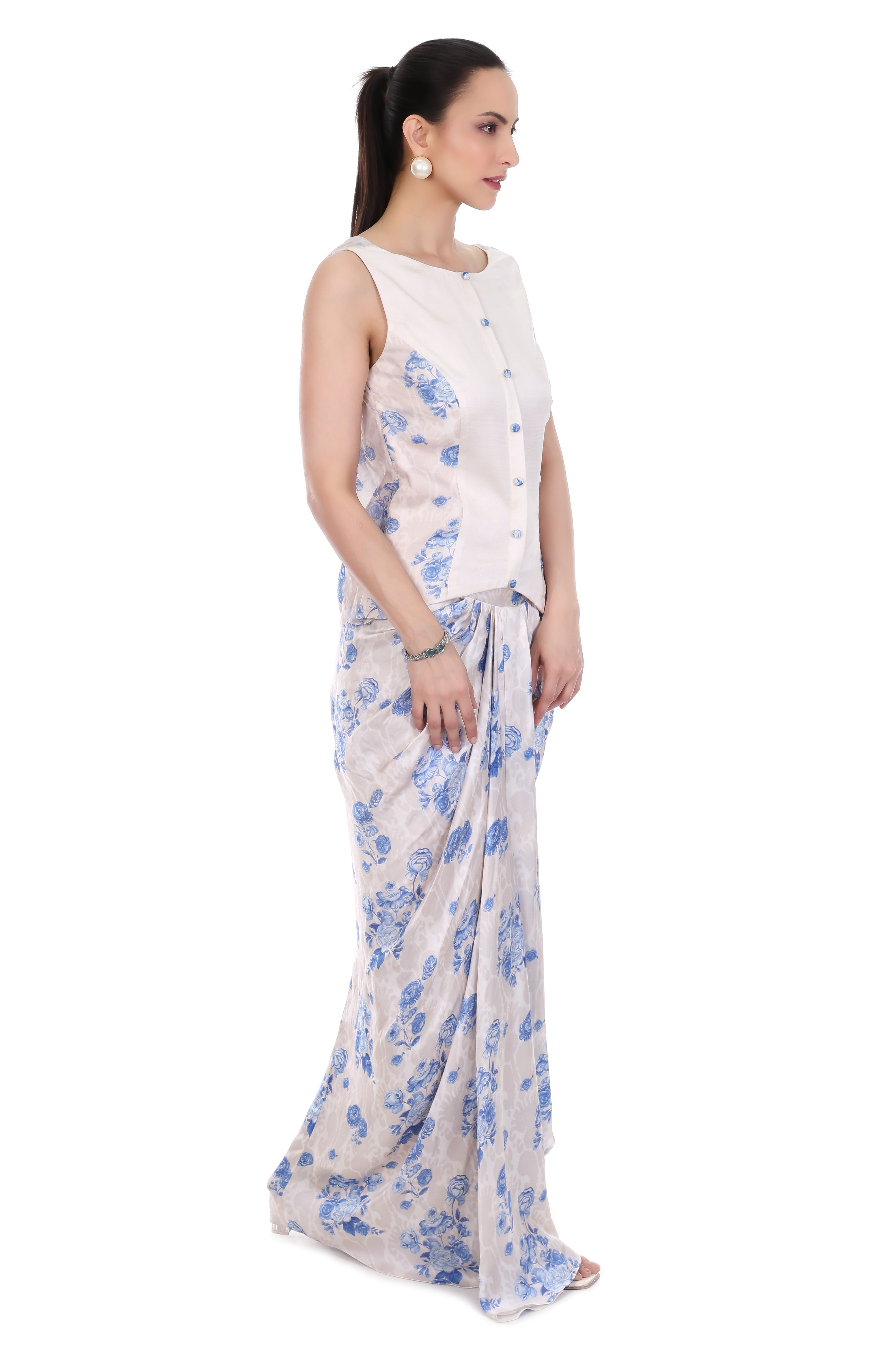 Blue White Floral Printed Cowl Back Top with Drape Skirt