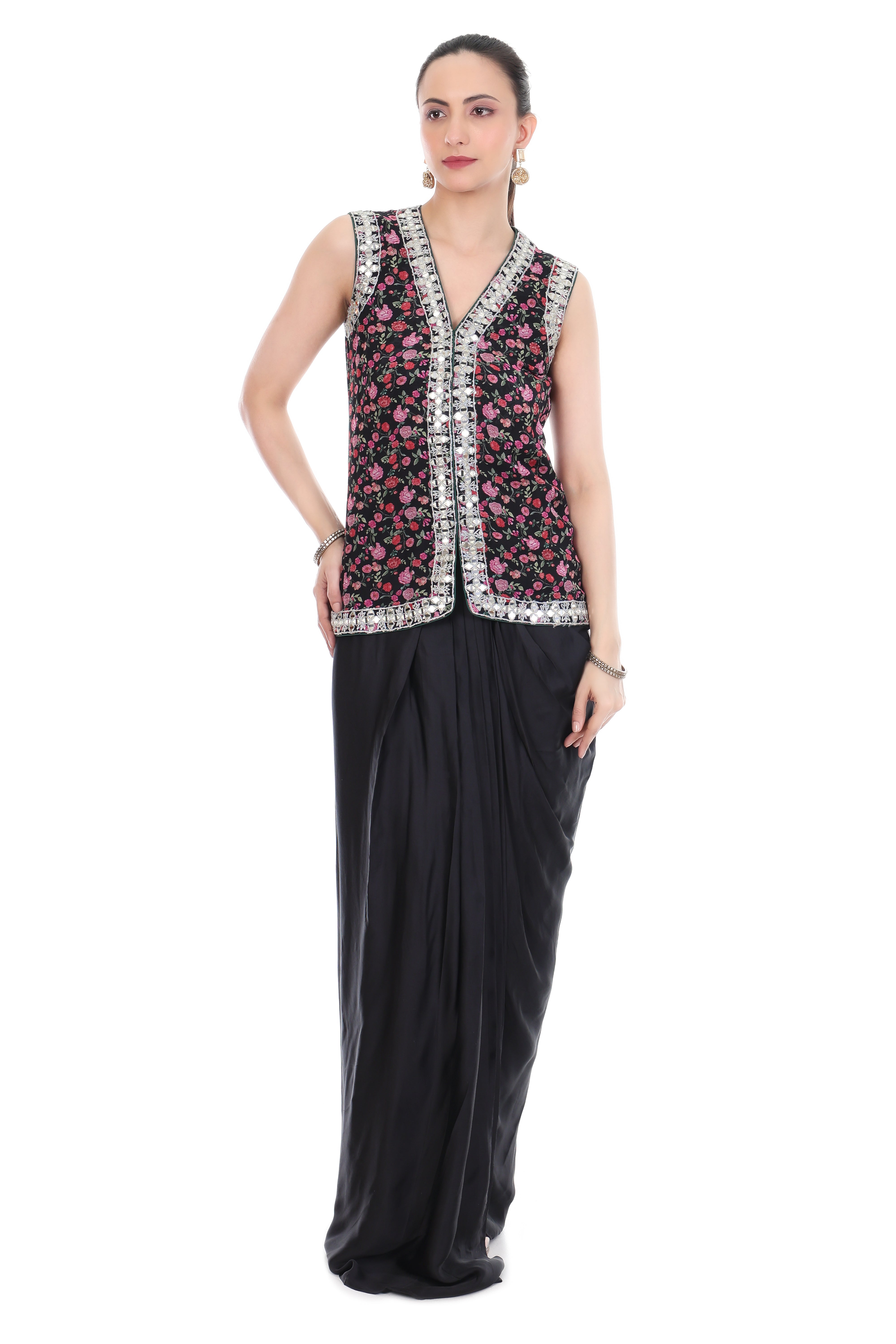 Black Mirror Embroidered Floral Print Jacket with Drape Skirt