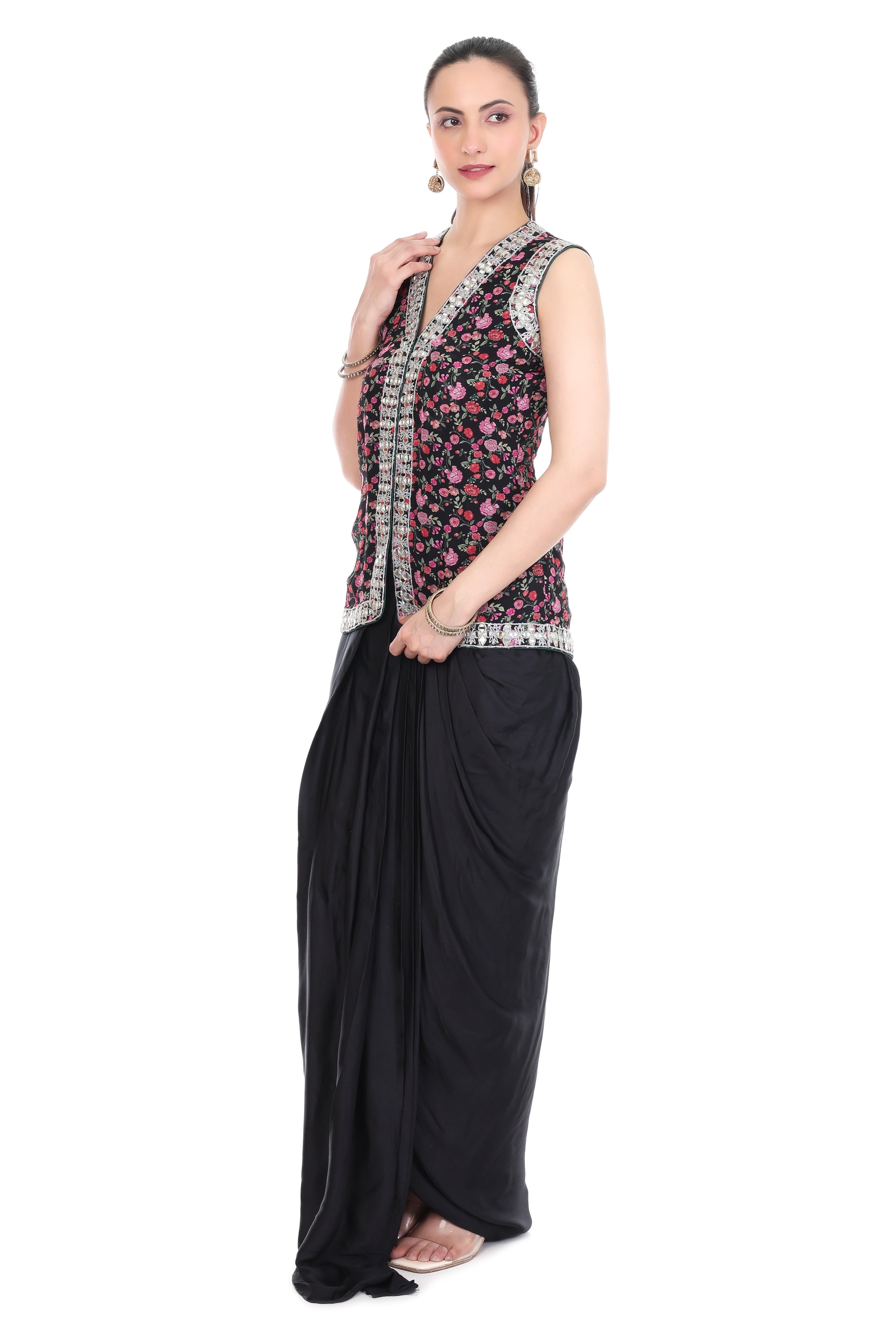 Black Mirror Embroidered Floral Print Jacket with Drape Skirt