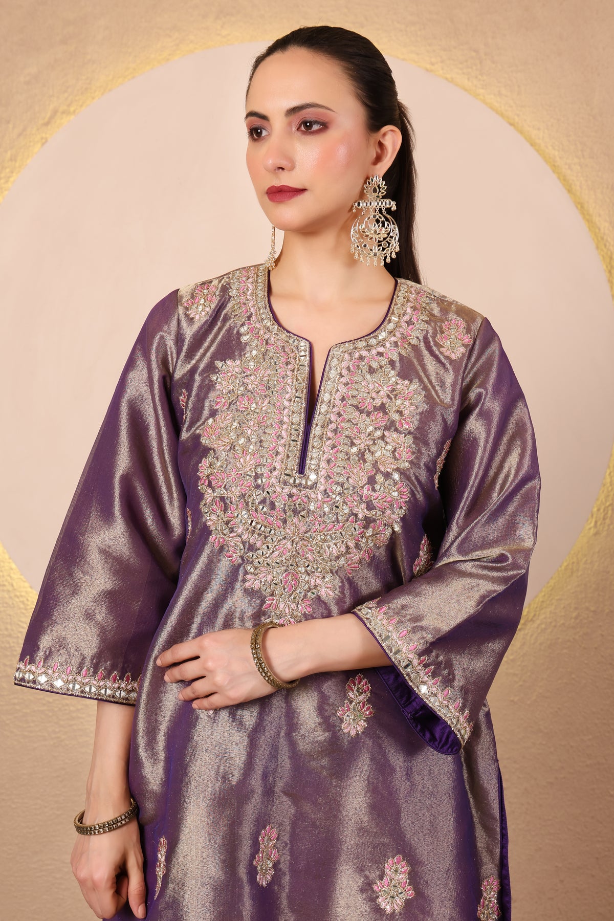 Arq – Purple Embroidered Tissue Kurta Set of 3