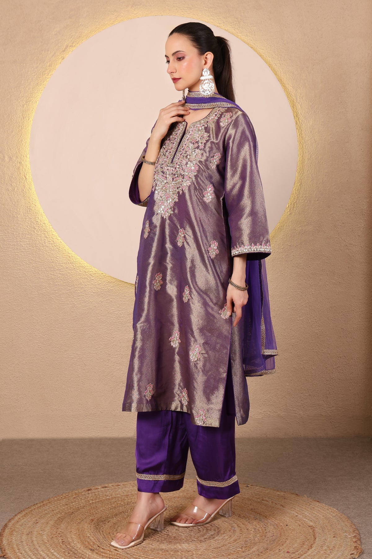 Arq – Purple Embroidered Tissue Kurta Set of 3