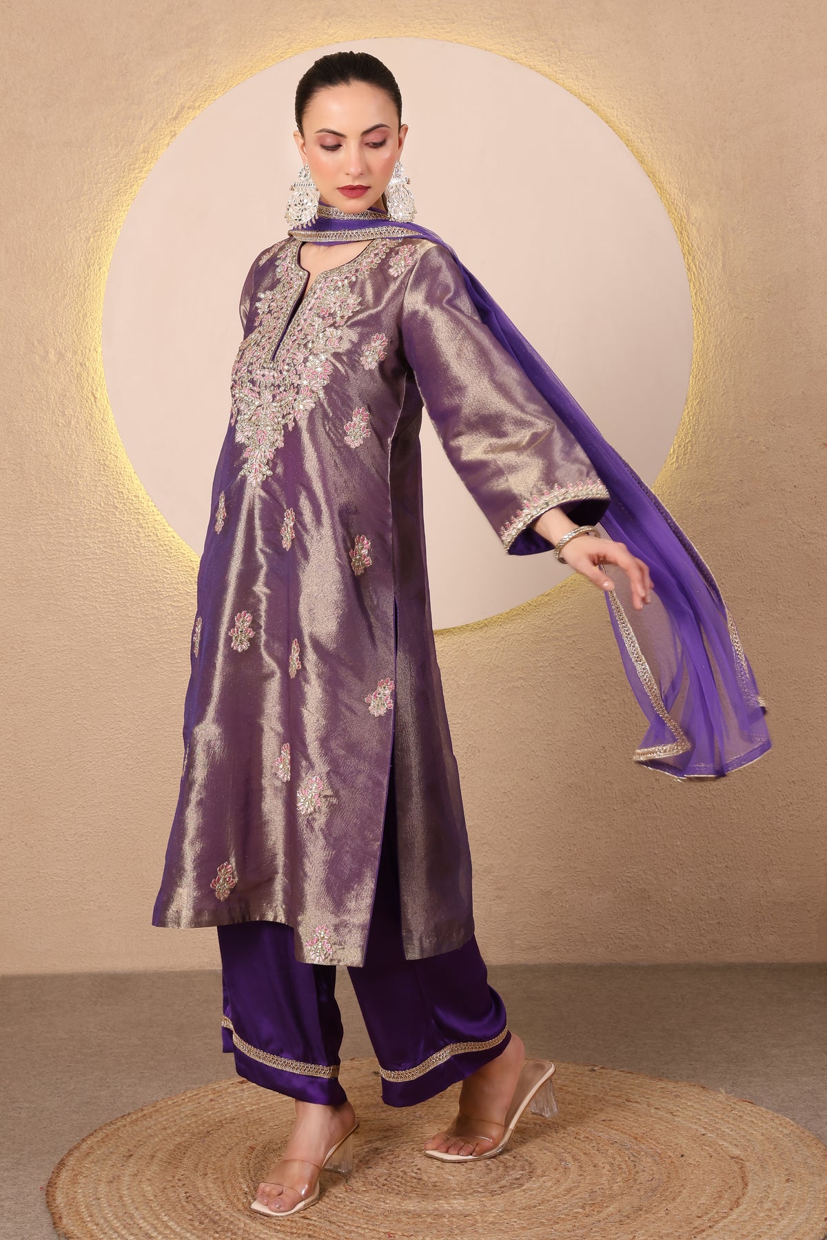 Arq – Purple Embroidered Tissue Kurta Set of 3