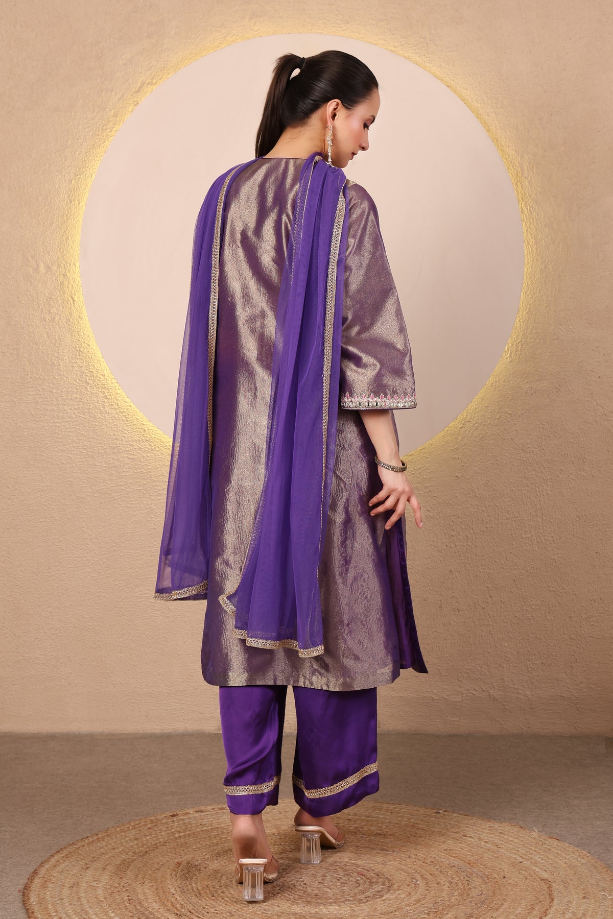 Arq – Purple Embroidered Tissue Kurta Set of 3