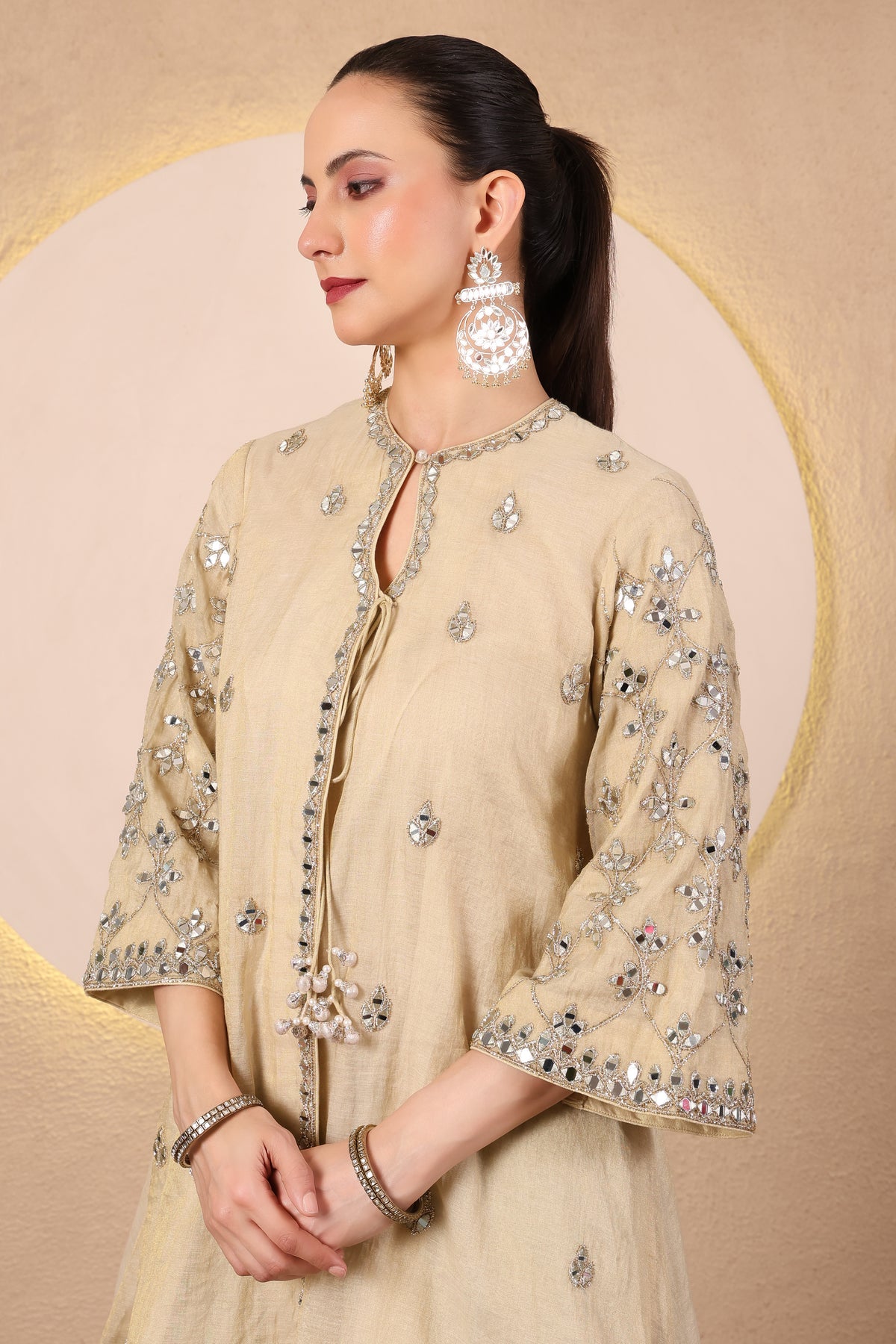 Arq – Gold Beige Chanderi Mirror Embroidered Angrakha Set of 3