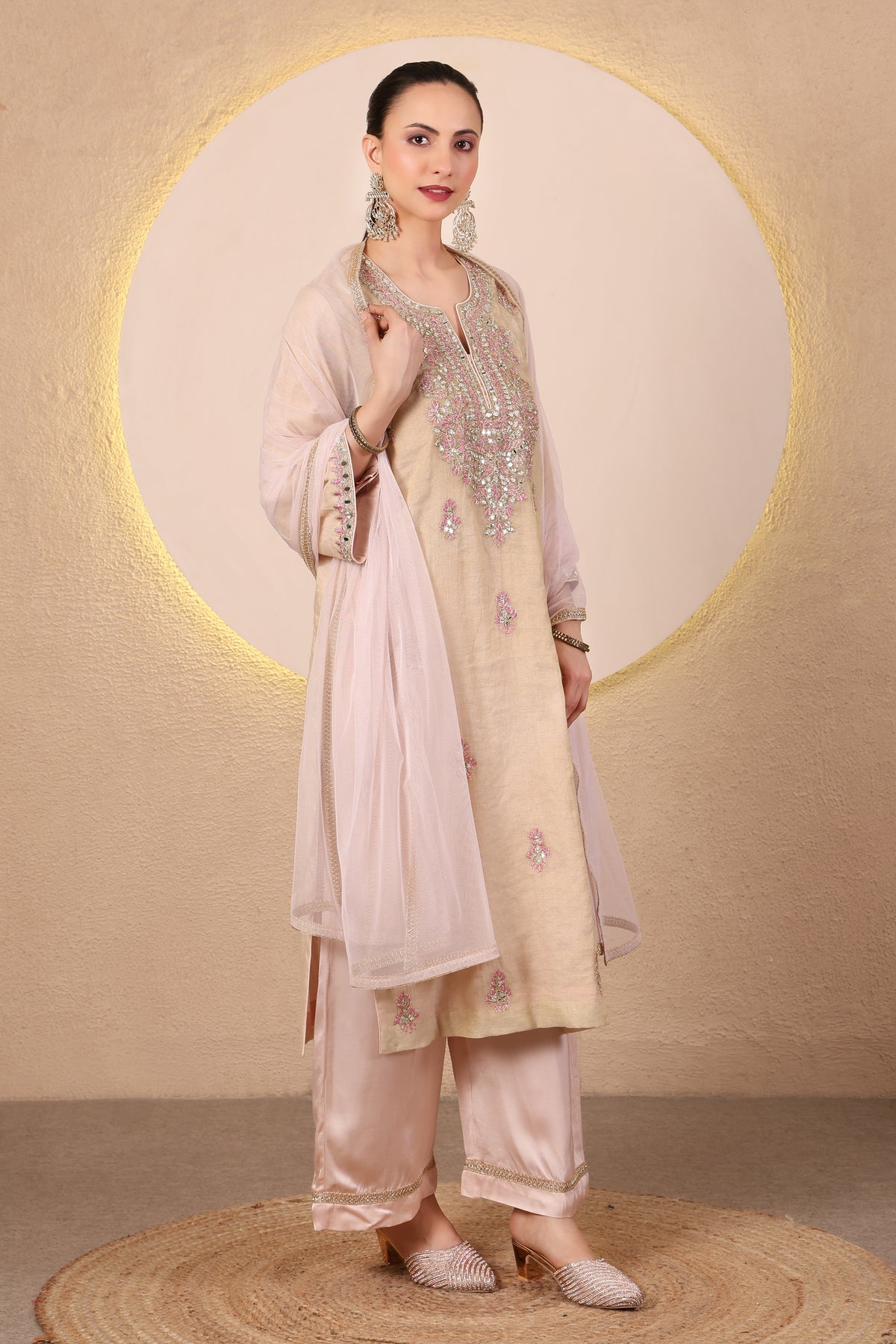 Arq:Golden Beige Mirror Embroidered Kurta Set of 3