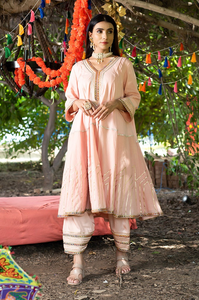 Peach Kurta Twill Cotton Embroidery Gota Work V Anarkali And Salwar Set