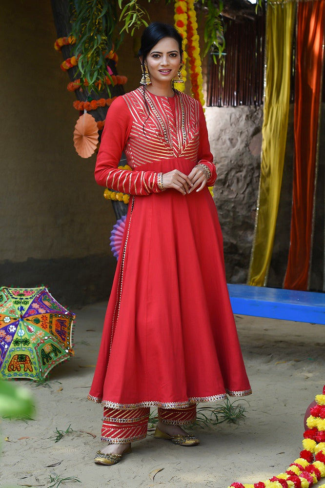 Red Twill Cotton Embroidery Gota Work Round Anarkali Set