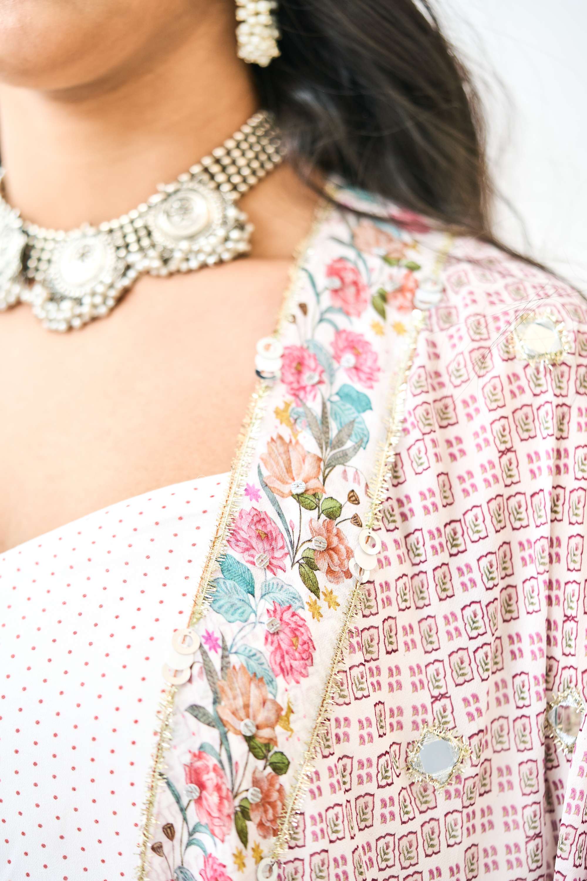 White Digital Printed Cape with Skirt and Crop Top Set