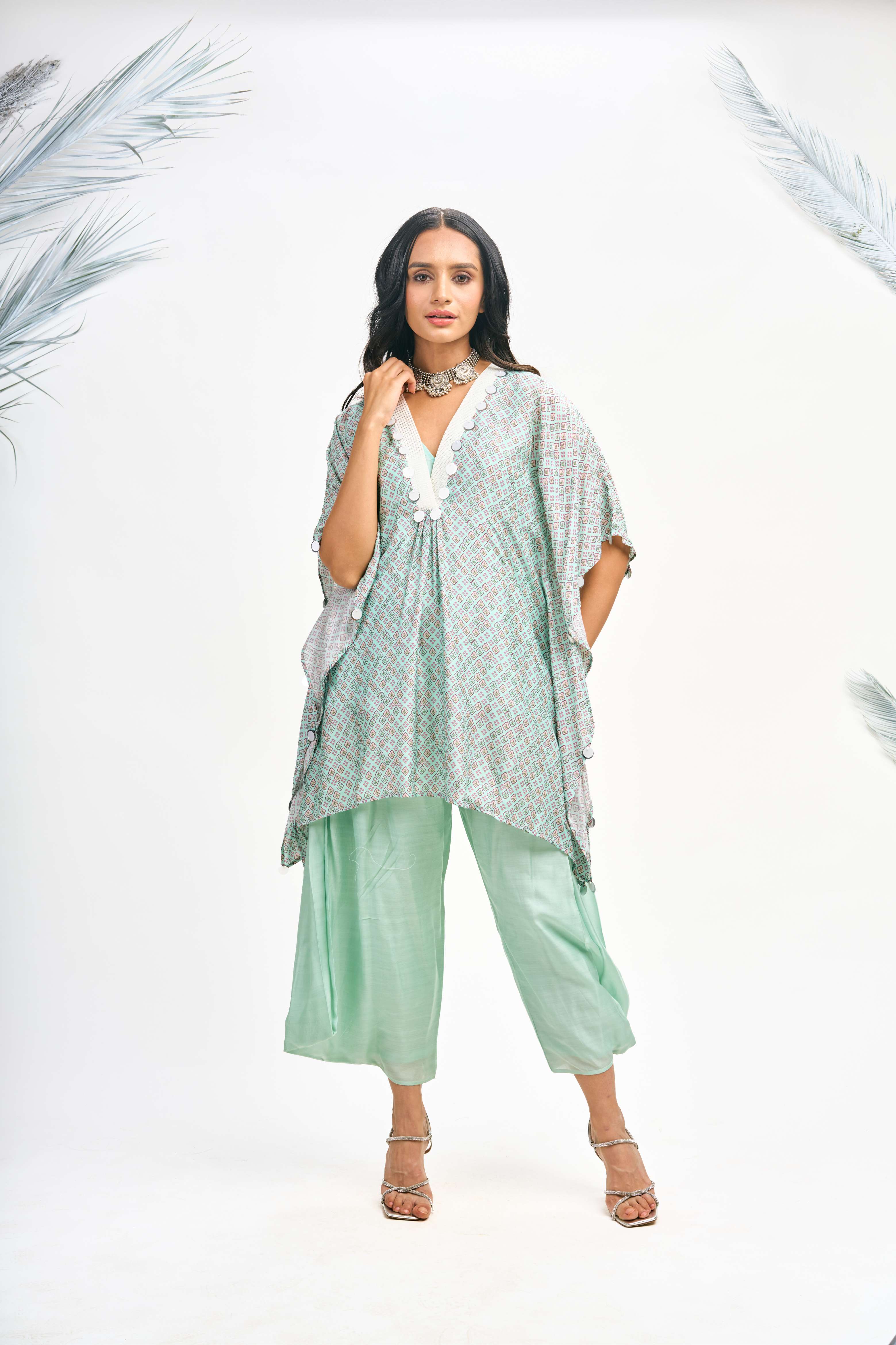 Turquoise Digital Printed Kaftaan Co-ord Set