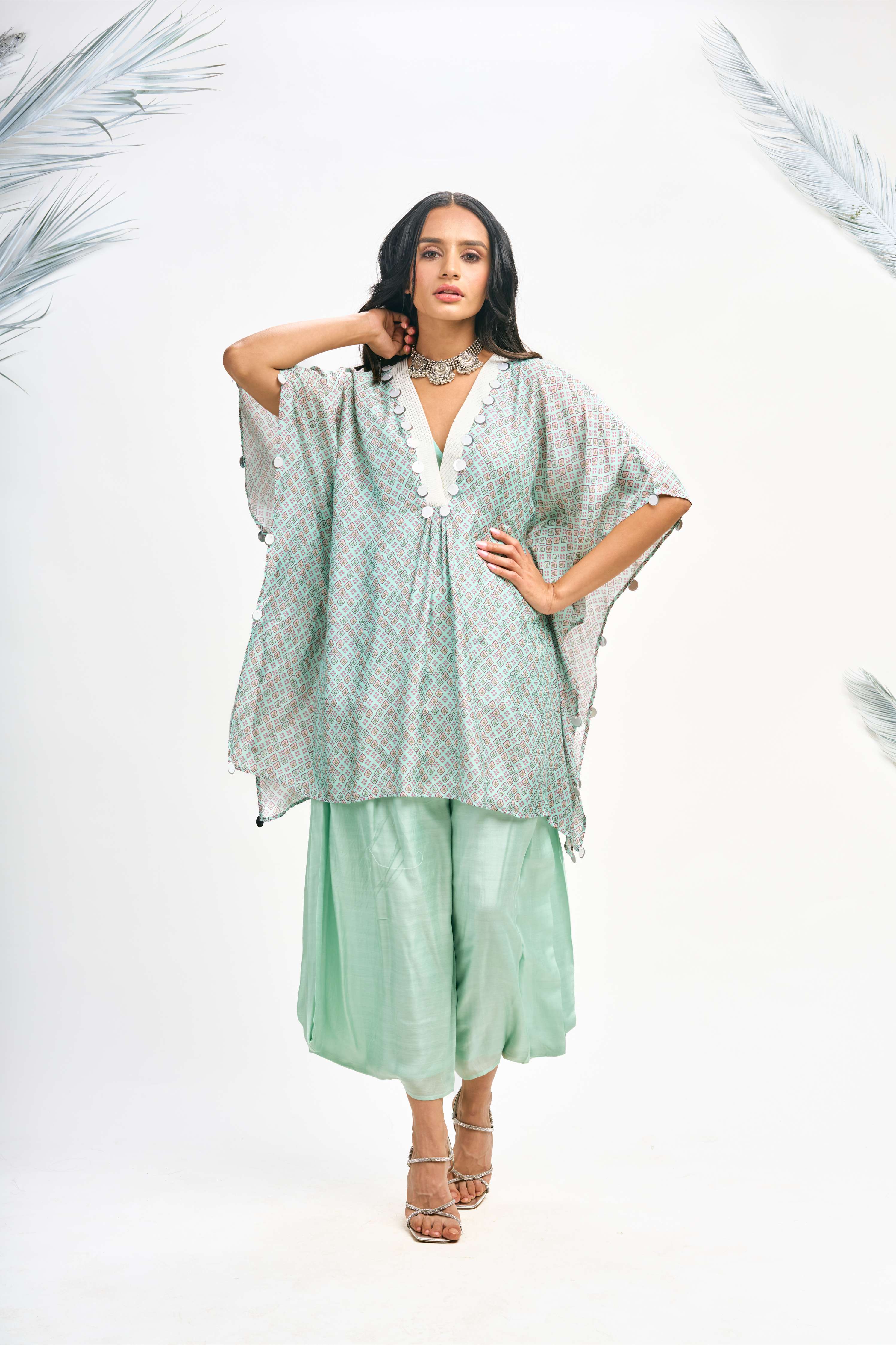 Turquoise Digital Printed Kaftaan Co-ord Set