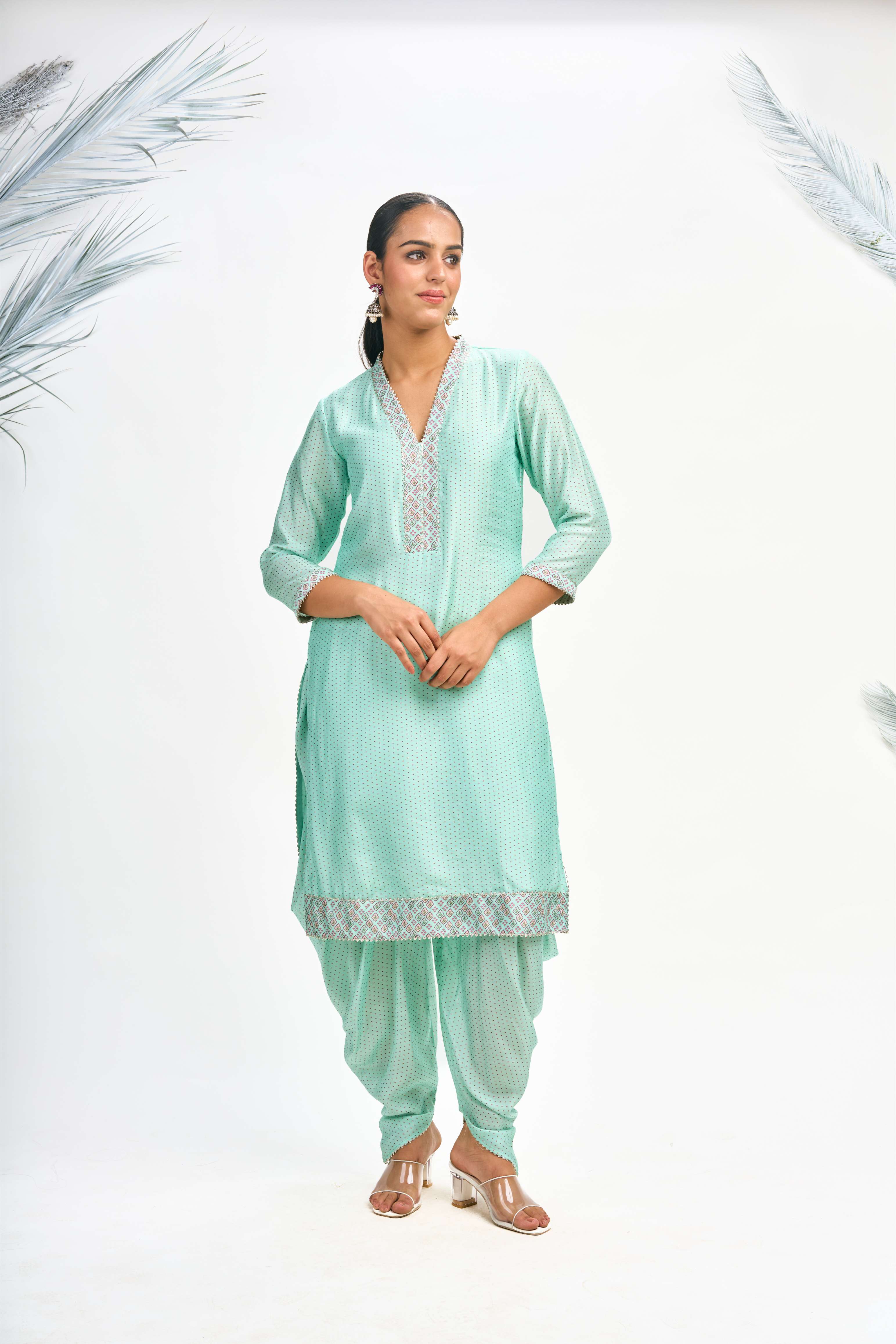 Turquoise Polka Dot Kurta with Dhoti Pants and Dupatta Set