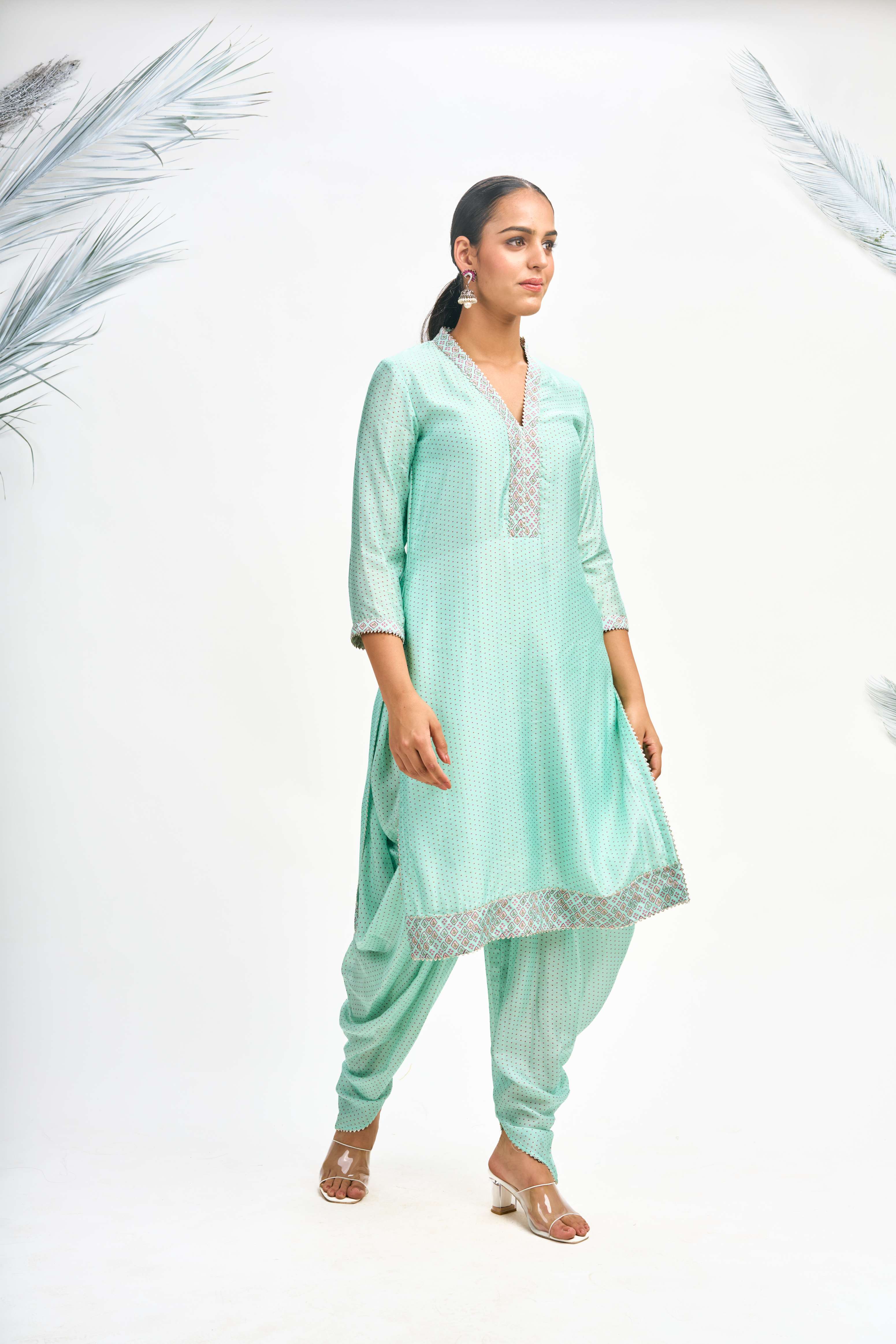 Turquoise Polka Dot Kurta with Dhoti Pants and Dupatta Set