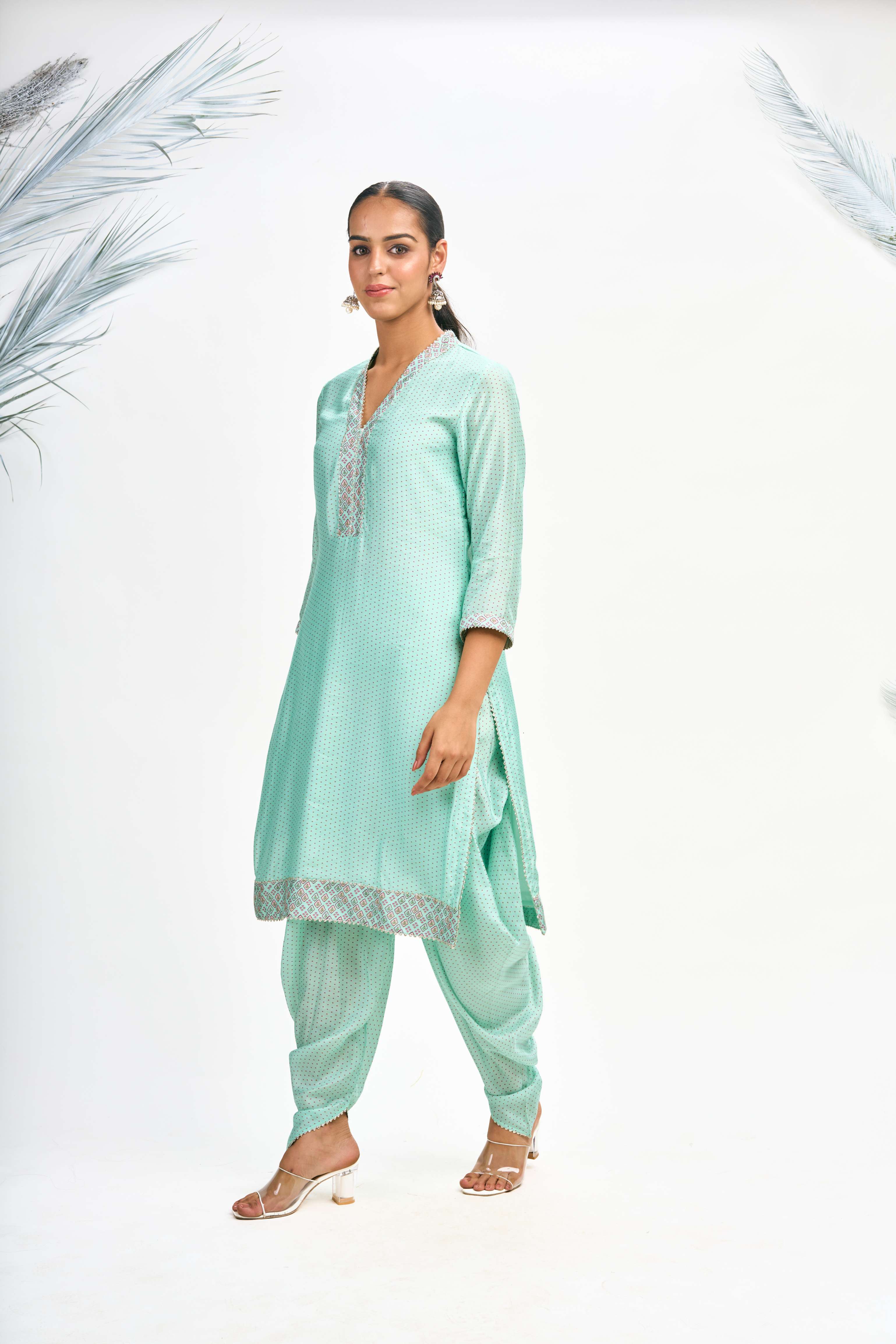 Turquoise Polka Dot Kurta with Dhoti Pants and Dupatta Set