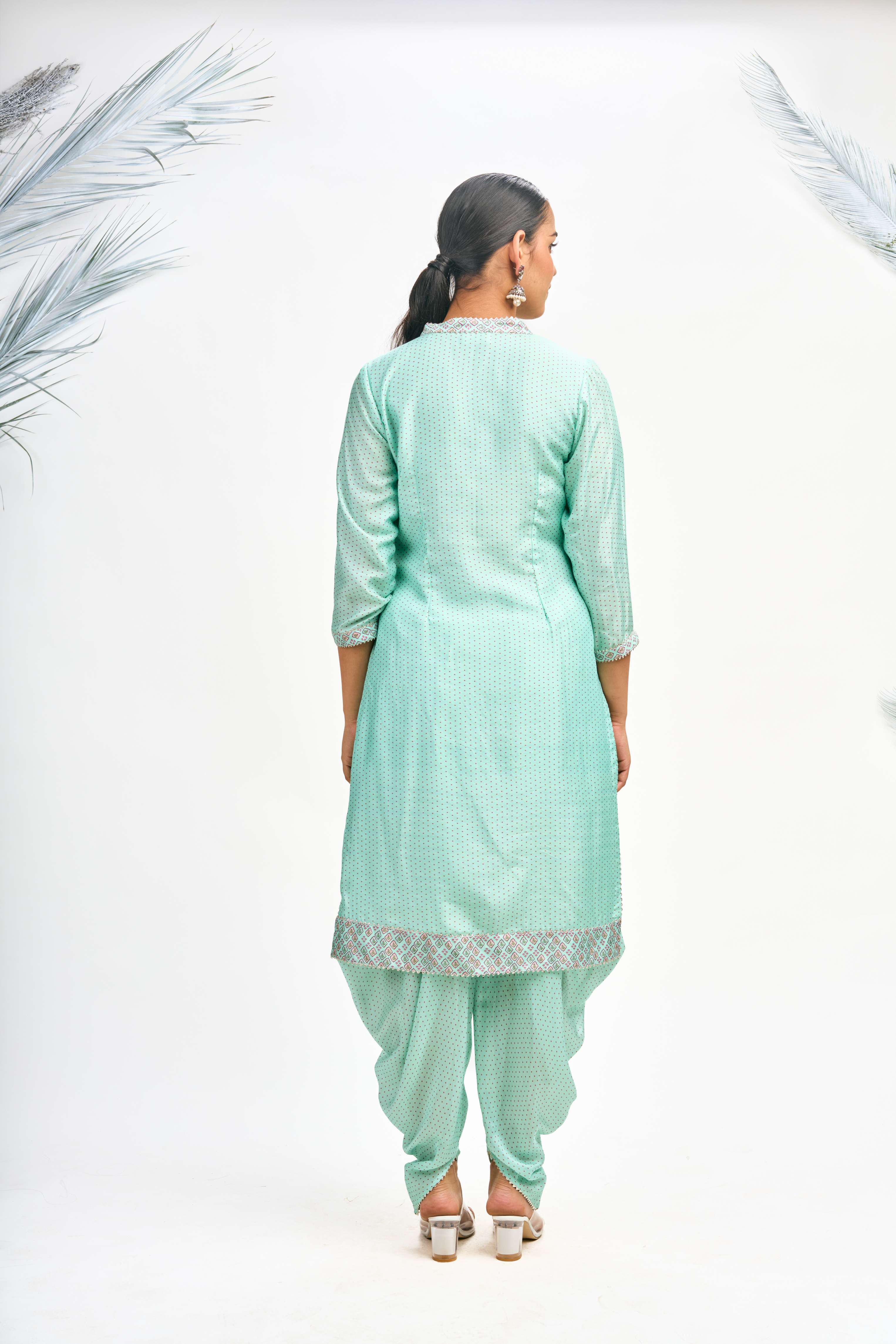 Turquoise Polka Dot Kurta with Dhoti Pants and Dupatta Set