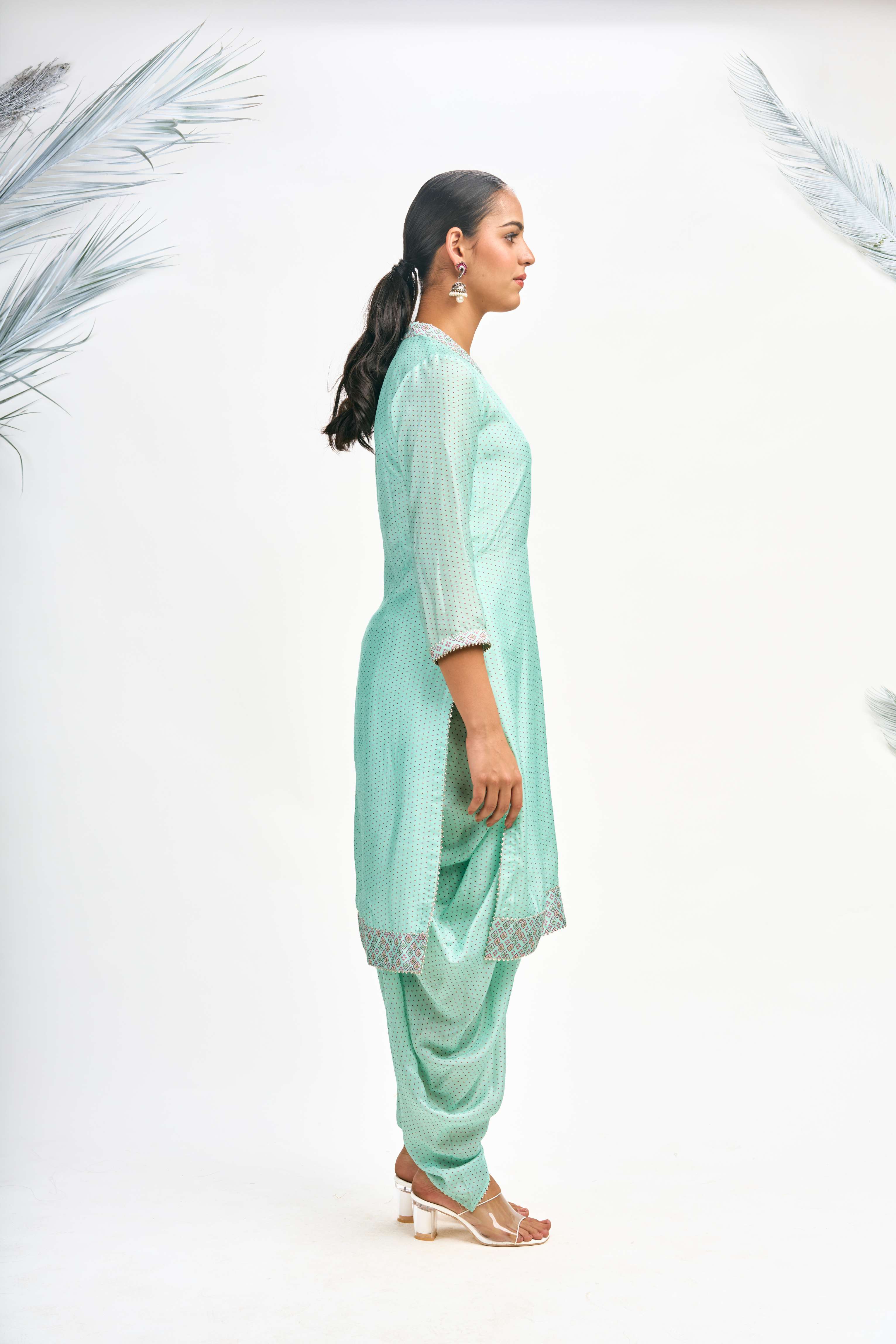 Turquoise Polka Dot Kurta with Dhoti Pants and Dupatta Set