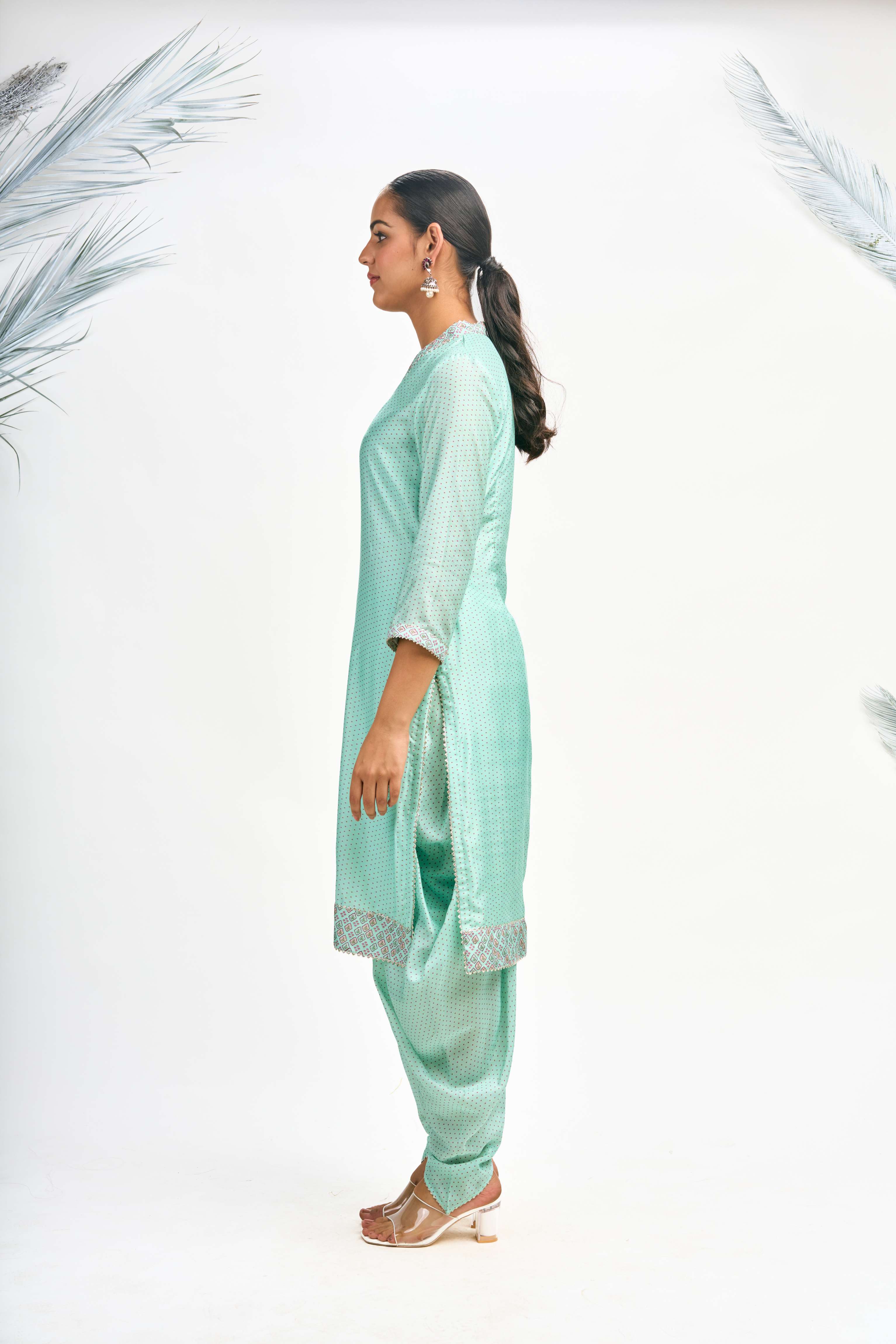 Turquoise Polka Dot Kurta with Dhoti Pants and Dupatta Set