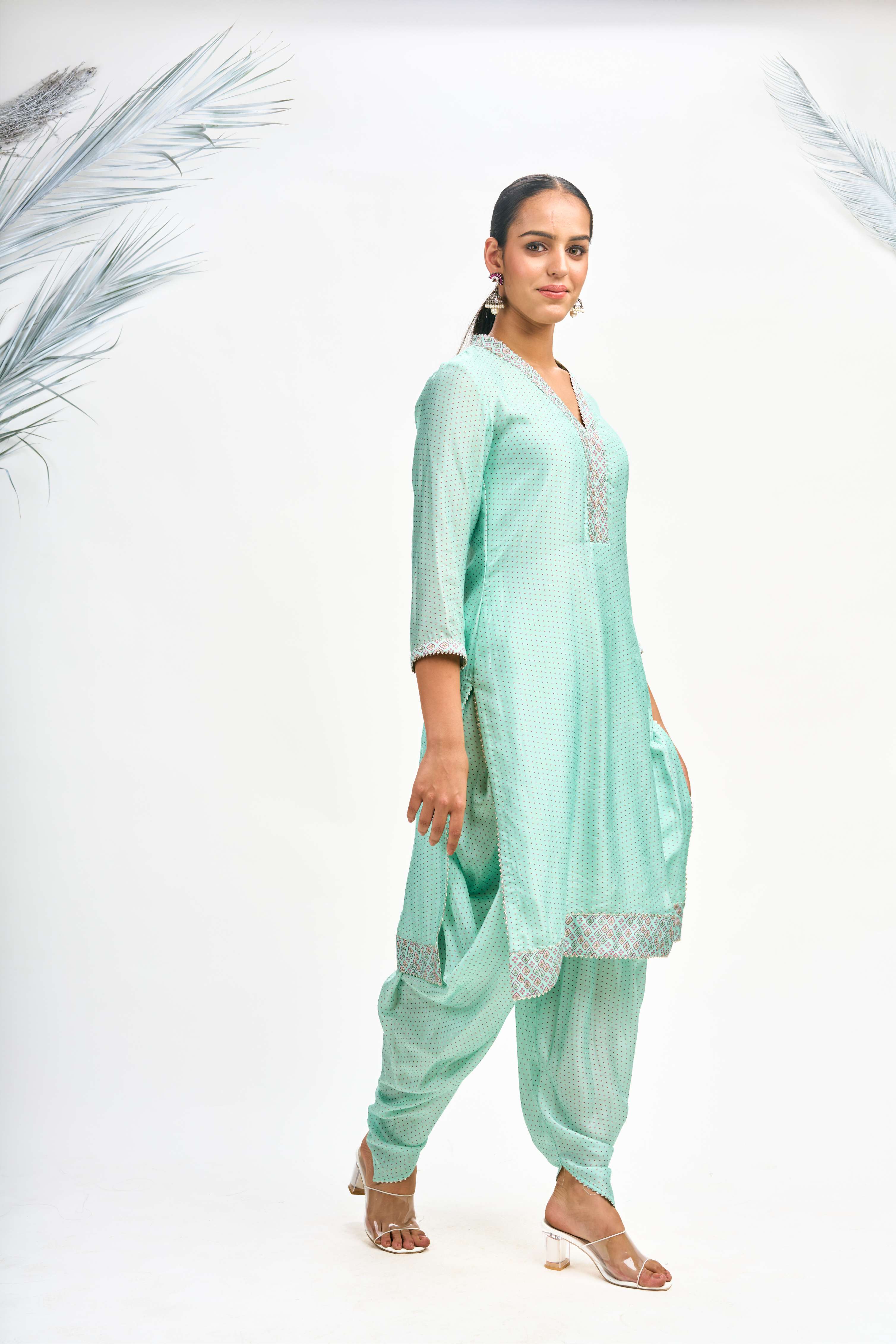 Turquoise Polka Dot Kurta with Dhoti Pants and Dupatta Set