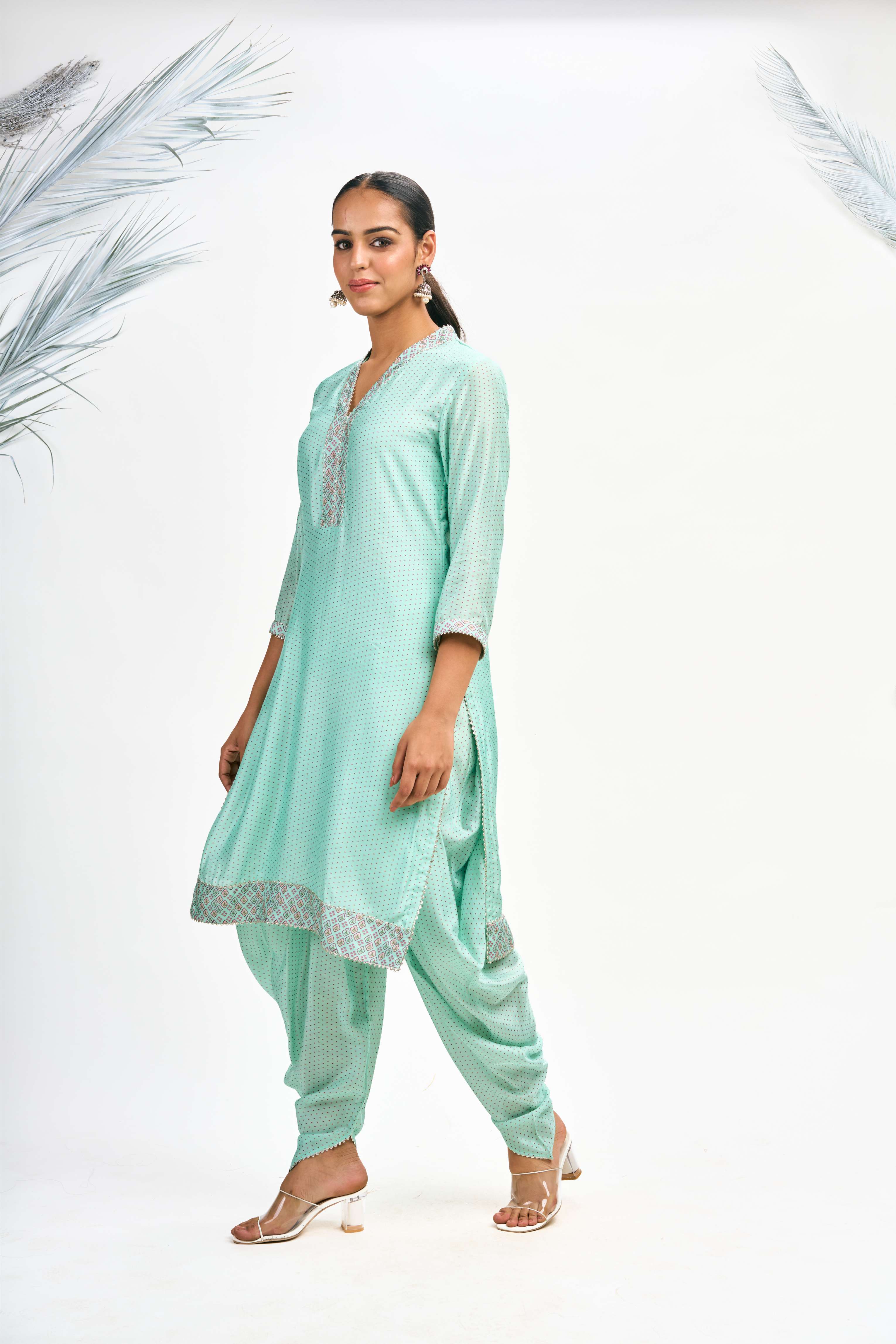 Turquoise Polka Dot Kurta with Dhoti Pants and Dupatta Set