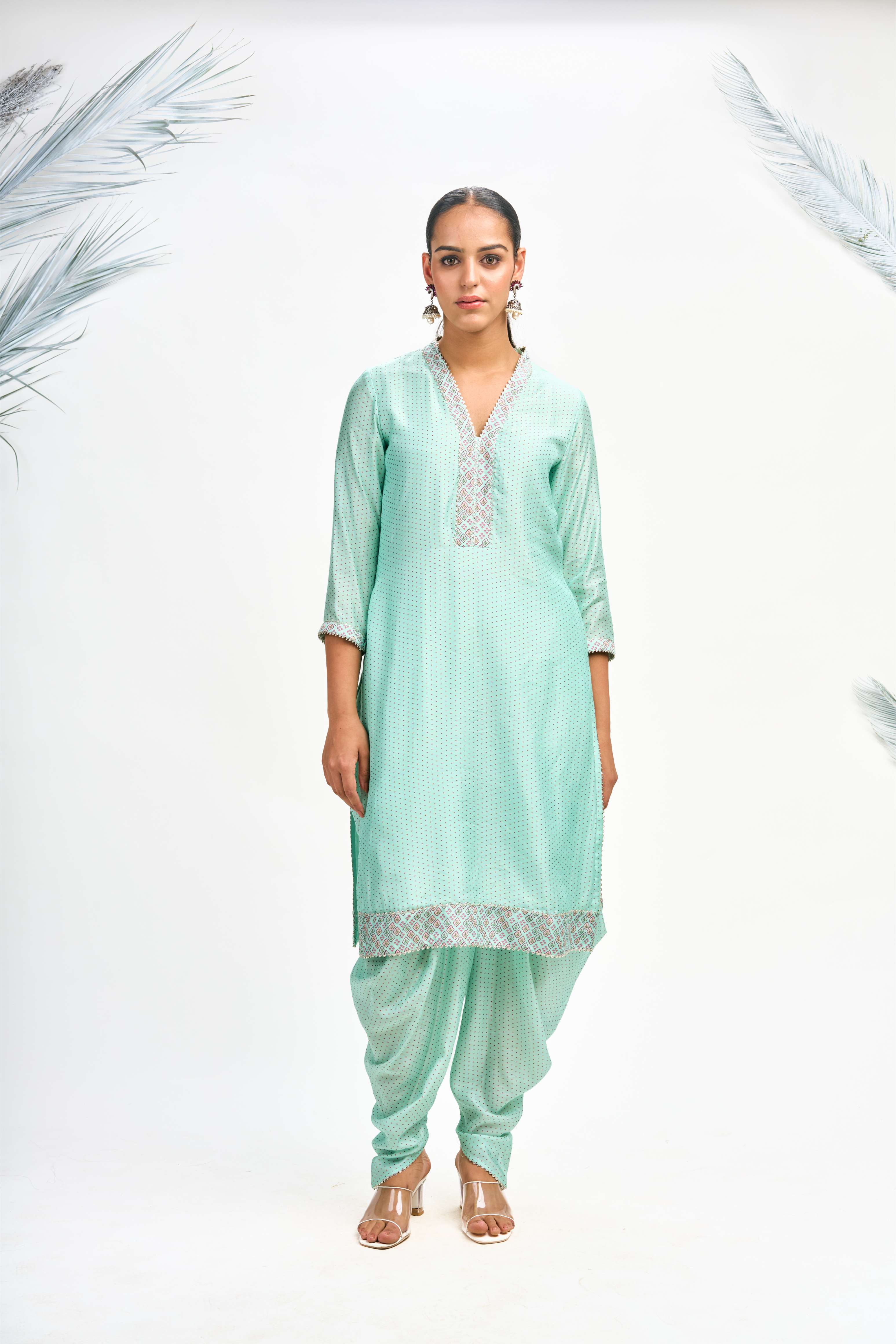 Turquoise Polka Dot Kurta with Dhoti Pants and Dupatta Set