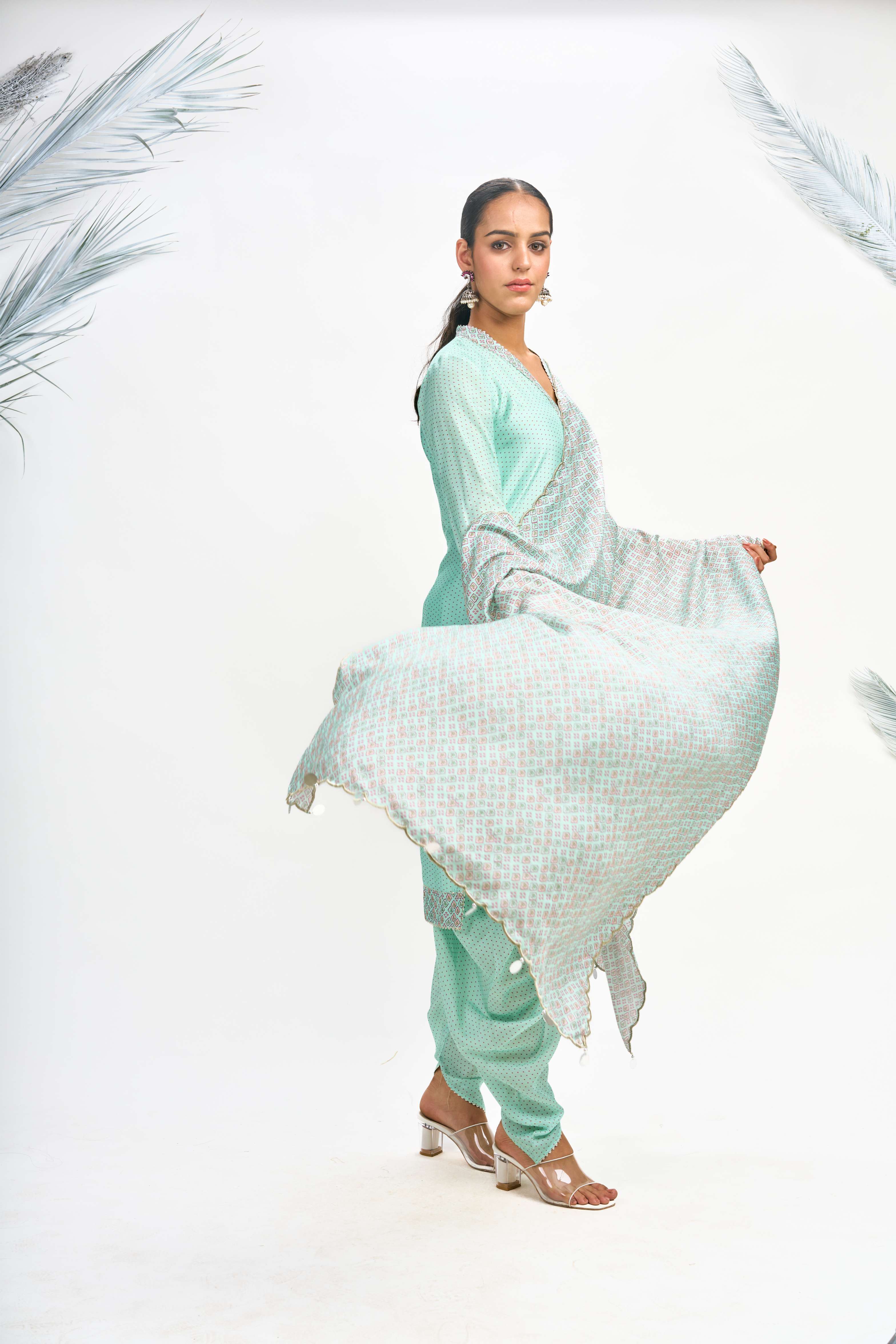 Turquoise Polka Dot Kurta with Dhoti Pants and Dupatta Set