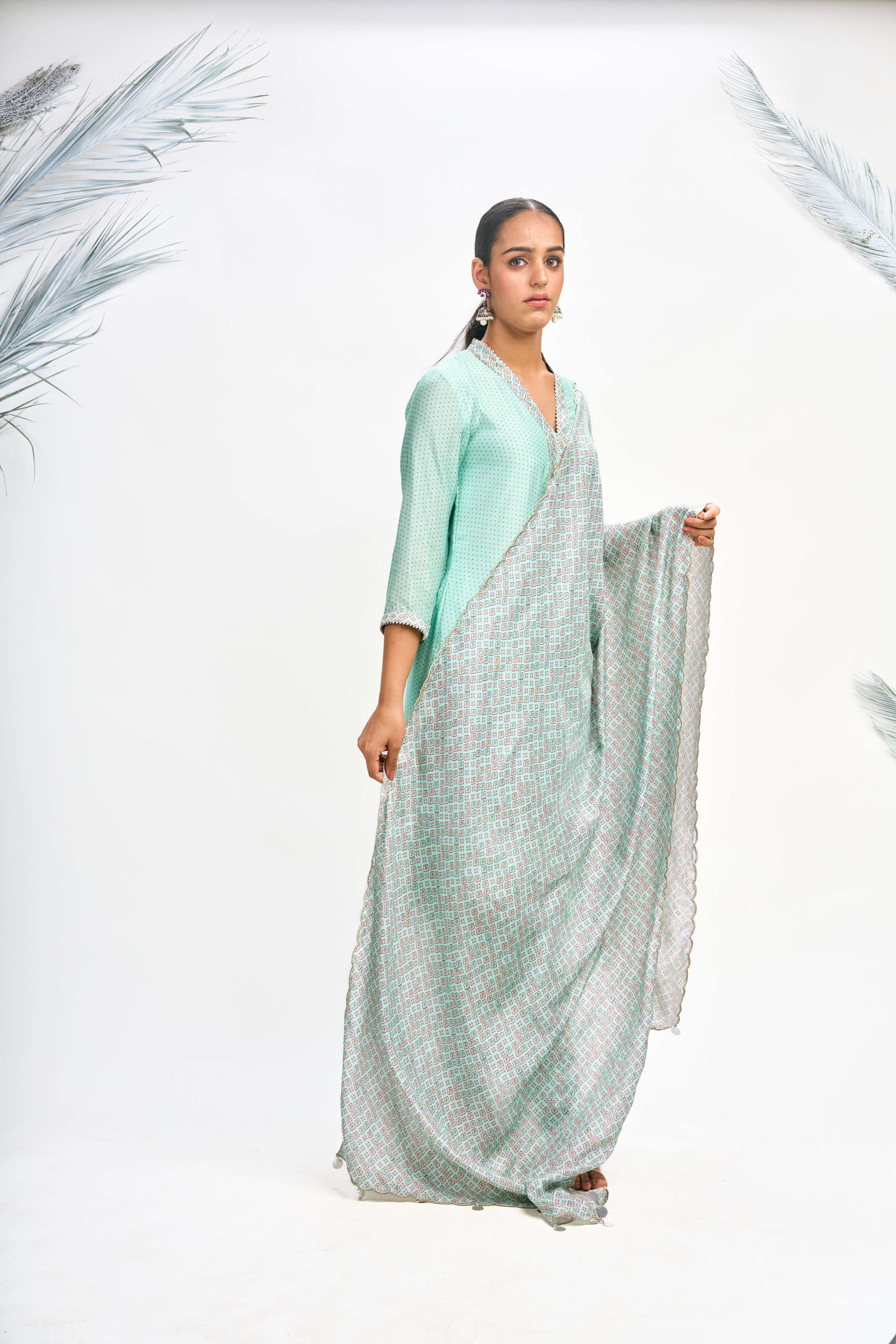 Turquoise Polka Dot Kurta with Dhoti Pants and Dupatta Set