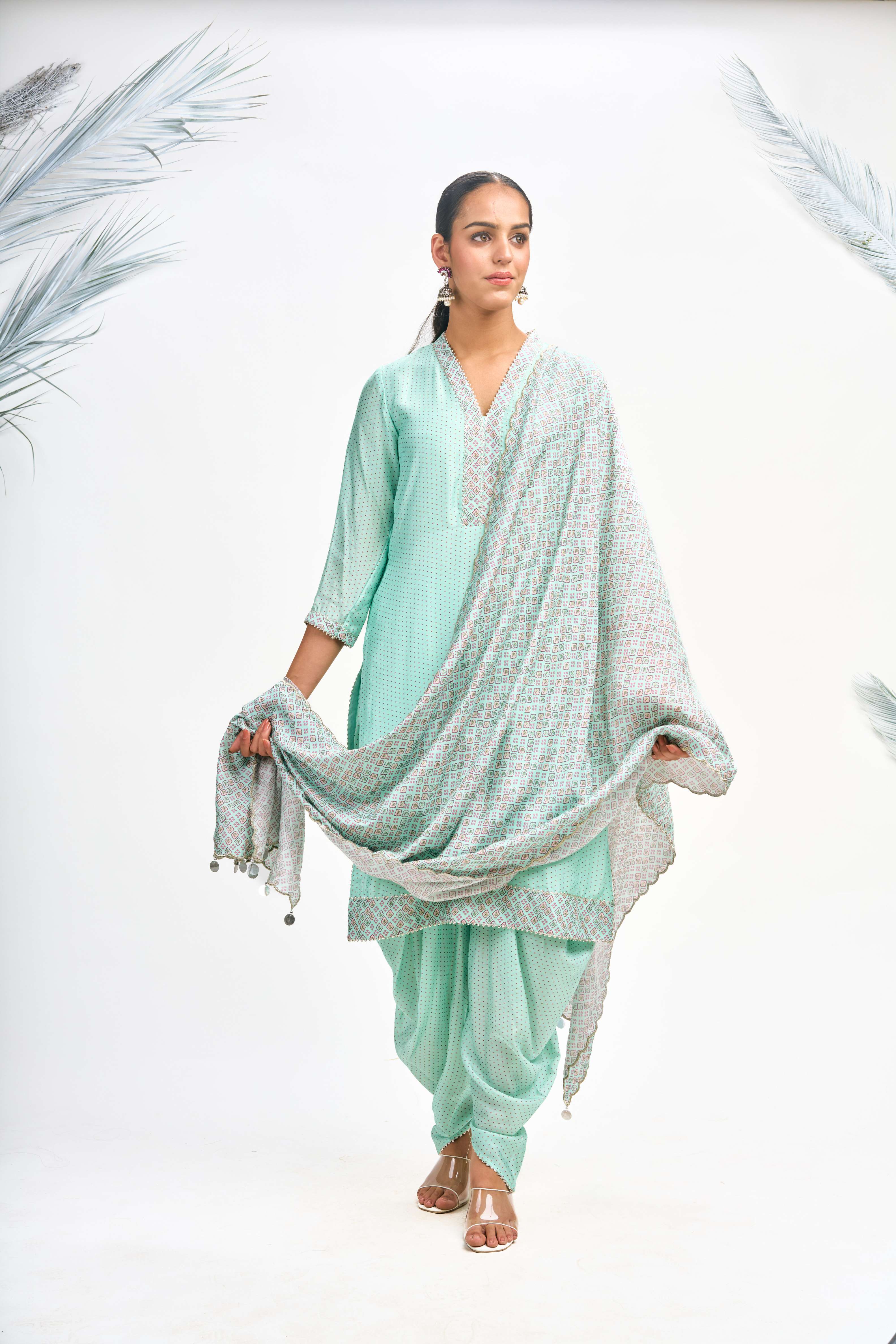 Turquoise Polka Dot Kurta with Dhoti Pants and Dupatta Set