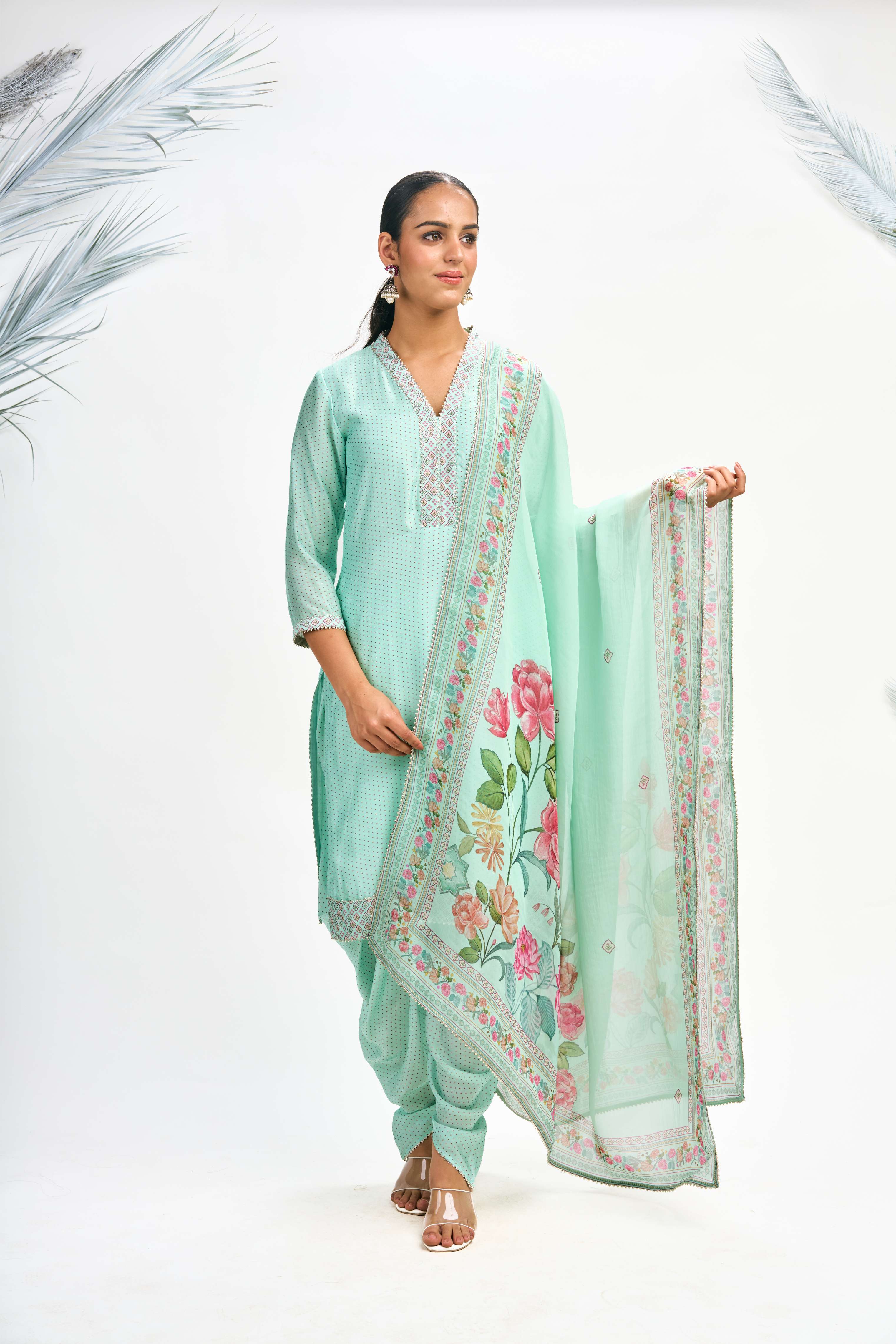 Turquoise Polka Dot Kurta with Dhoti Pants and Dupatta Set