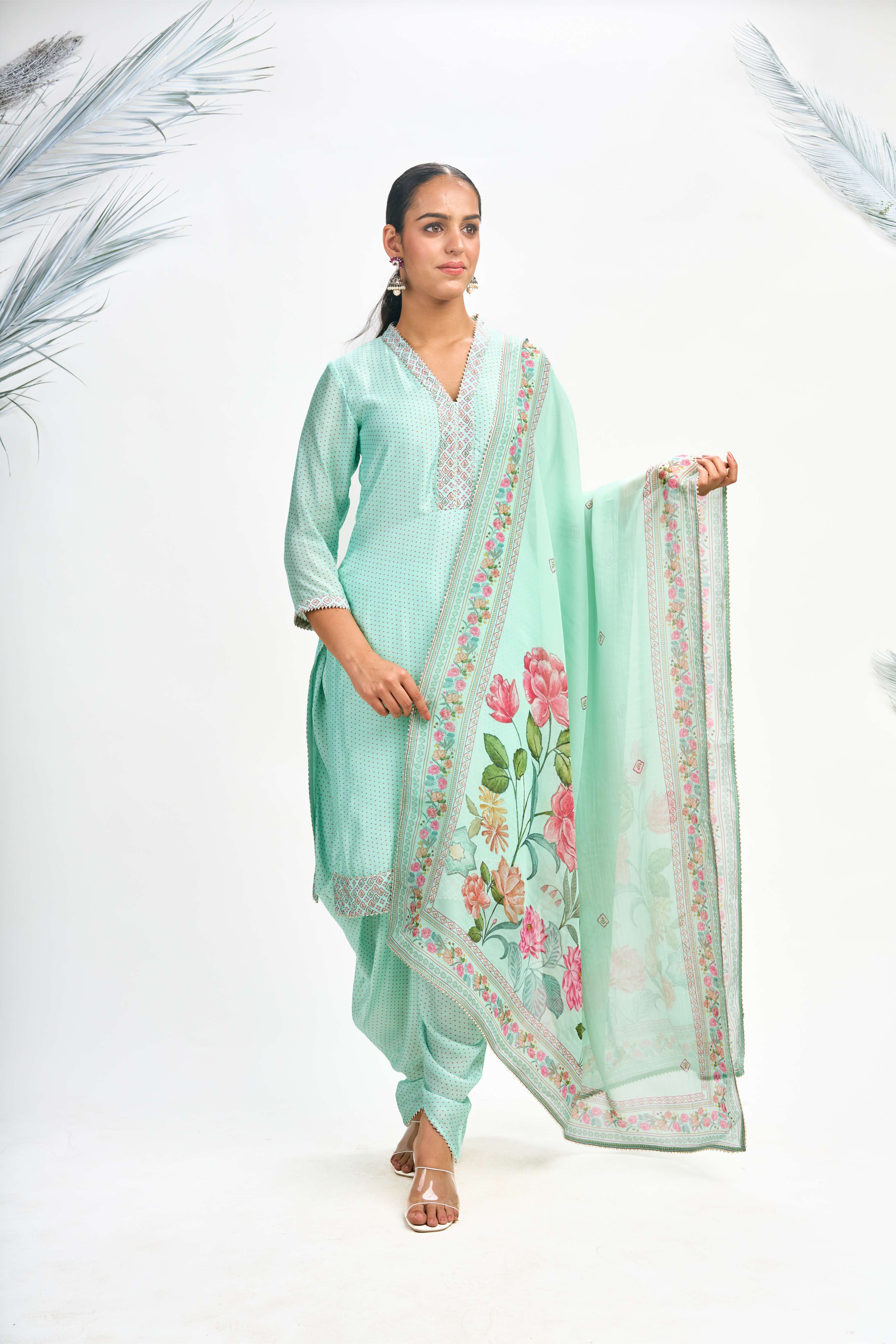 Turquoise Polka Dot Kurta with Dhoti Pants and Dupatta Set