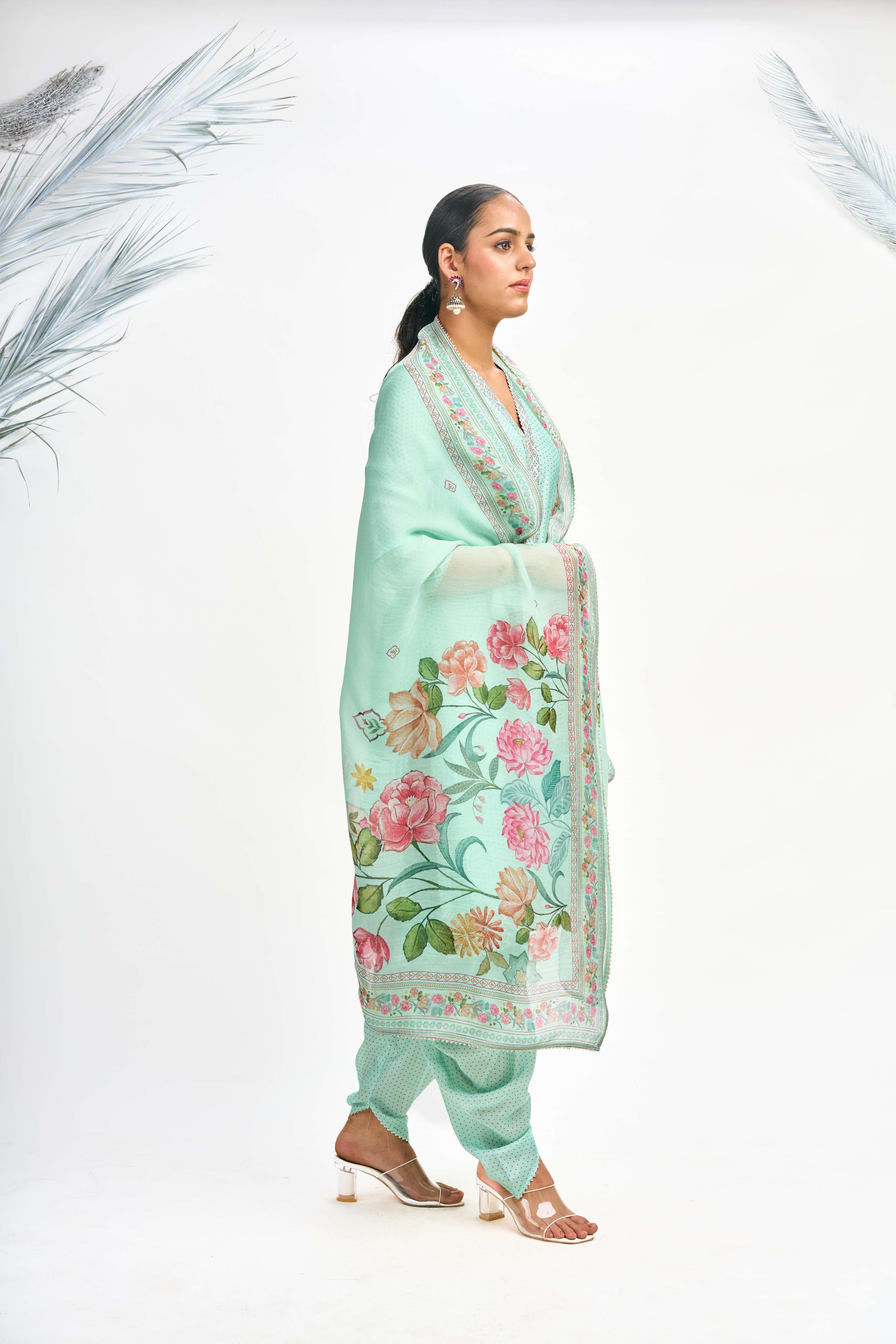 Turquoise Polka Dot Kurta with Dhoti Pants and Dupatta Set