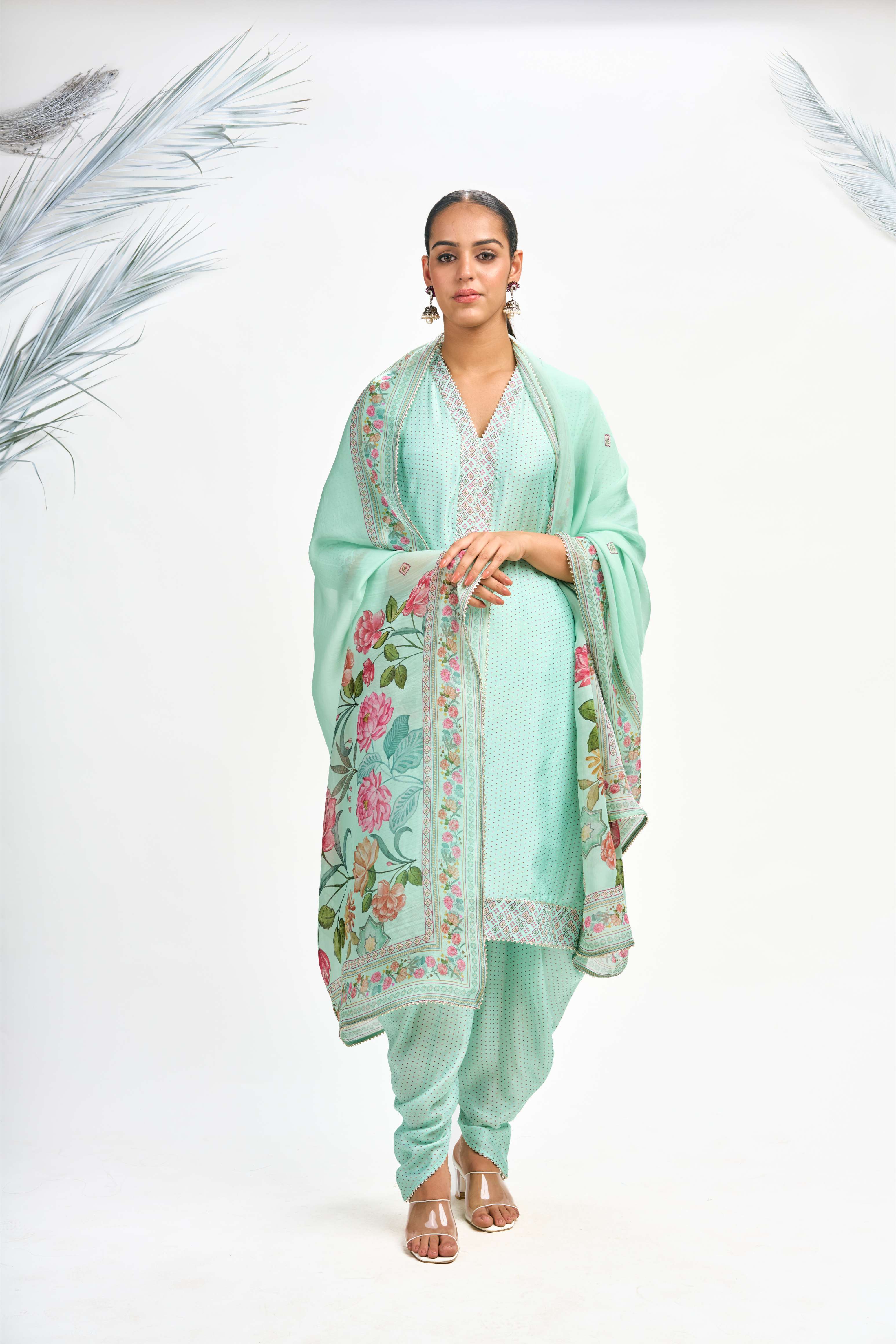 Turquoise Polka Dot Kurta with Dhoti Pants and Dupatta Set