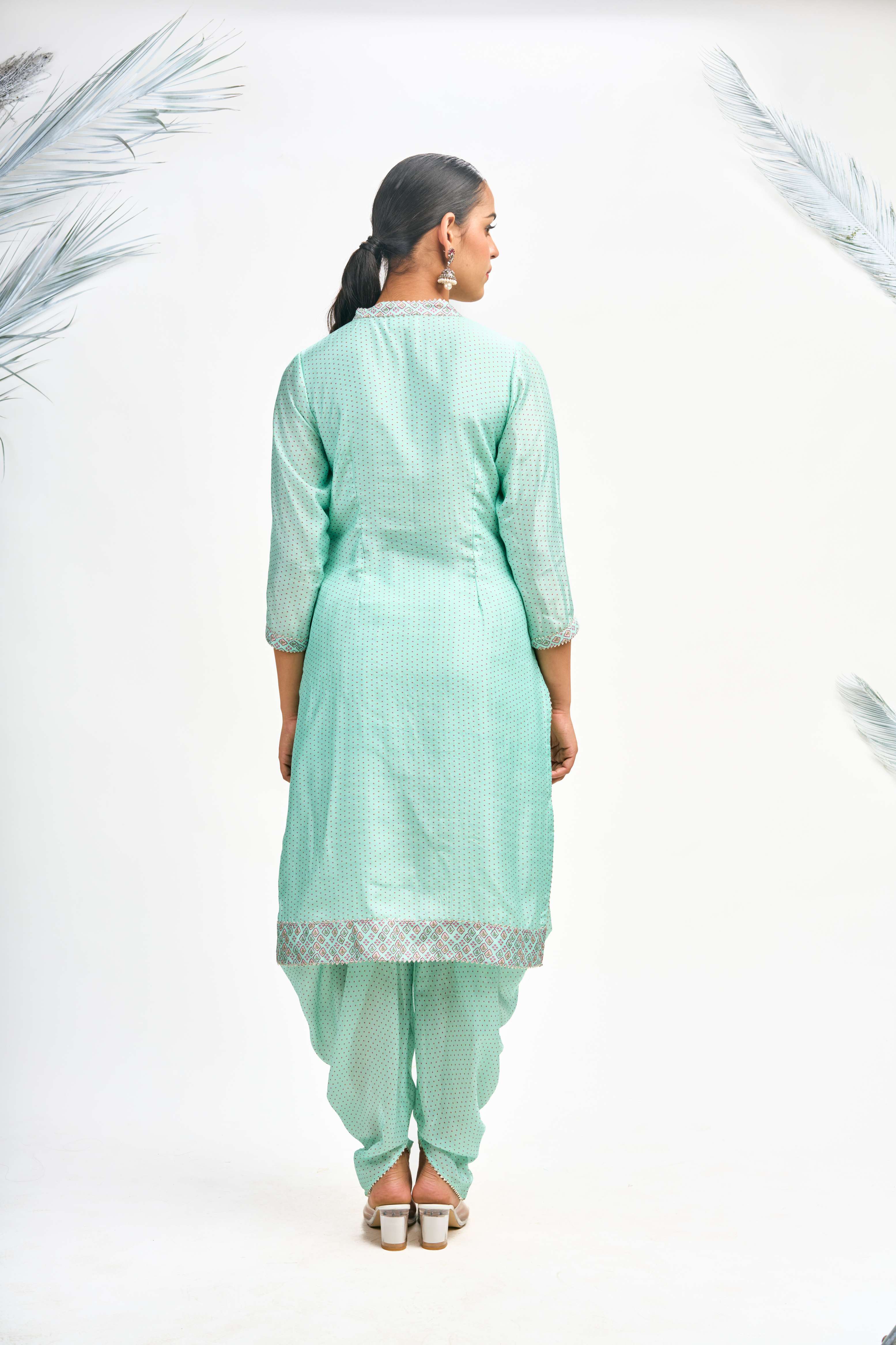 Turquoise Polka Dot Kurta with Dhoti Pants and Dupatta Set