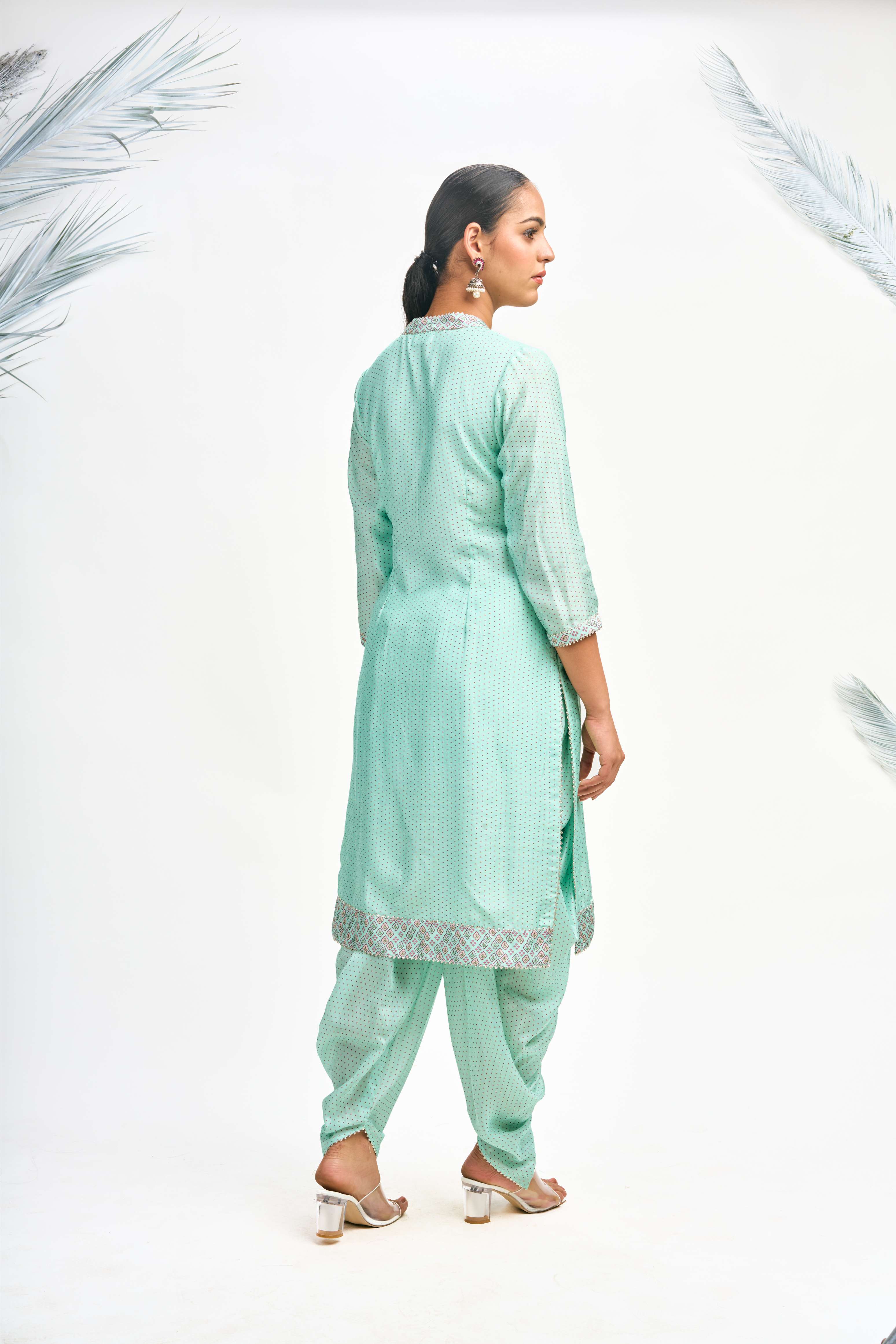 Turquoise Polka Dot Kurta with Dhoti Pants and Dupatta Set