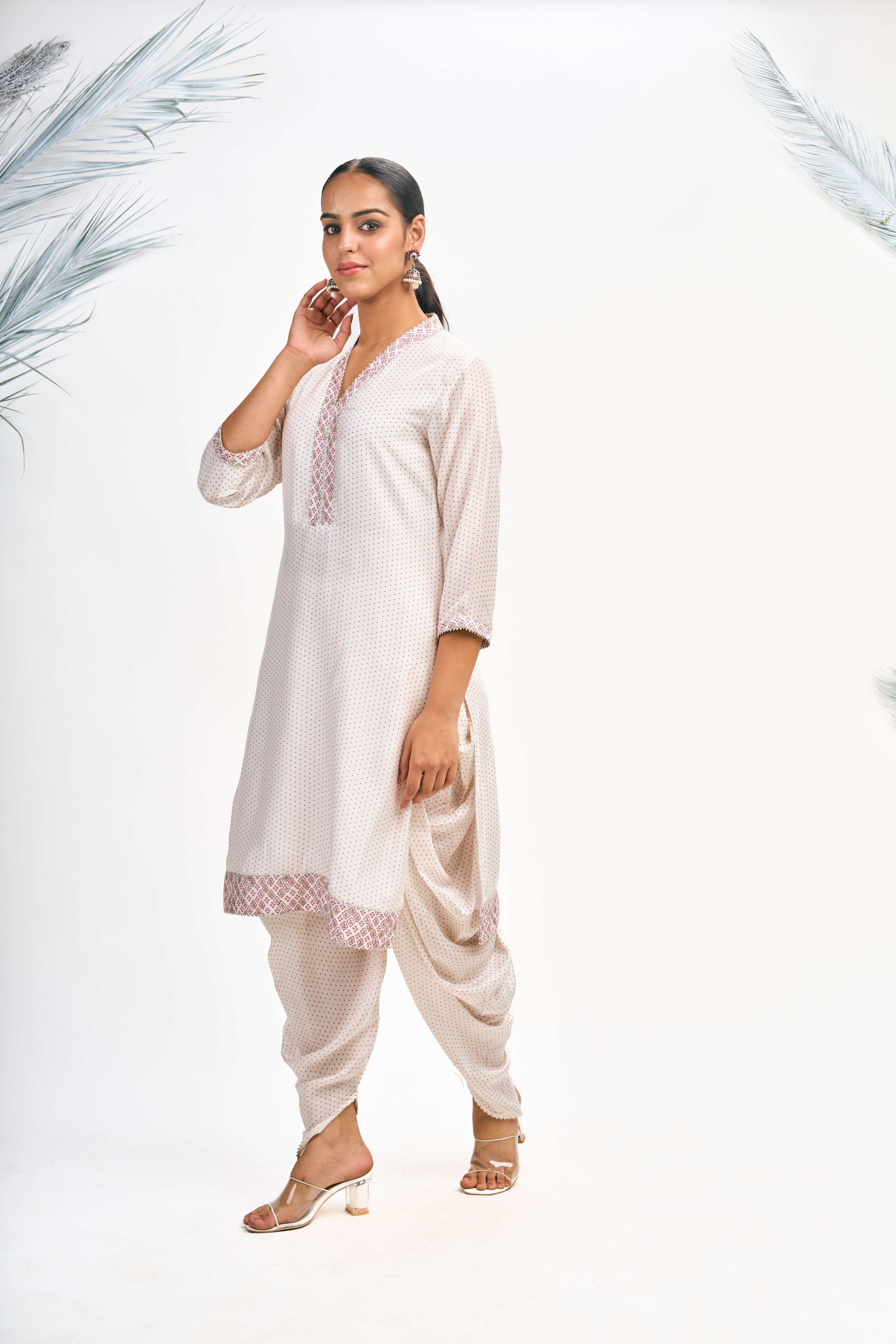 White Polka Dot Kurta with Dhoti Pants and Dupatta Set