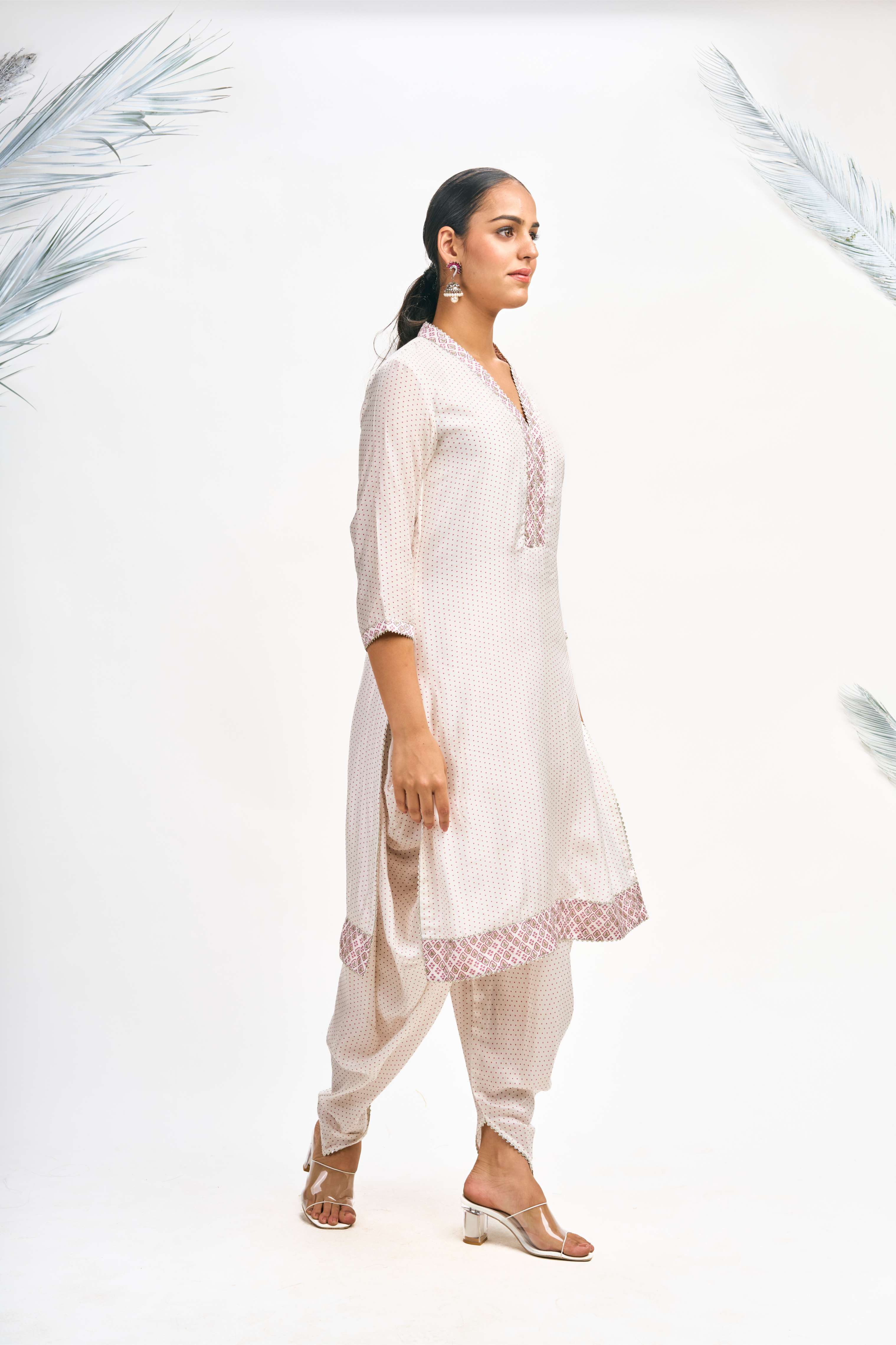 White Polka Dot Kurta with Dhoti Pants and Dupatta Set