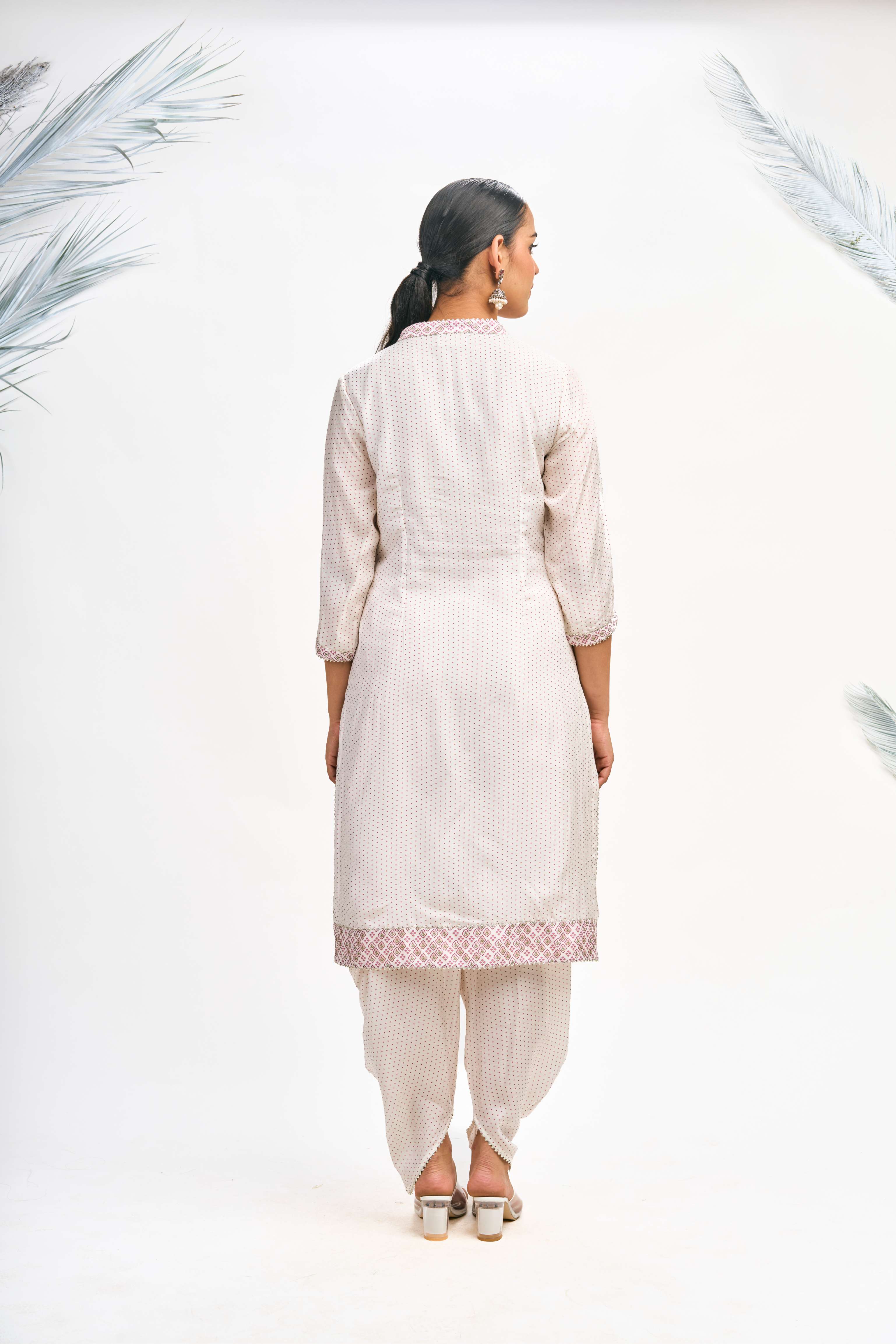 White Polka Dot Kurta with Dhoti Pants and Dupatta Set