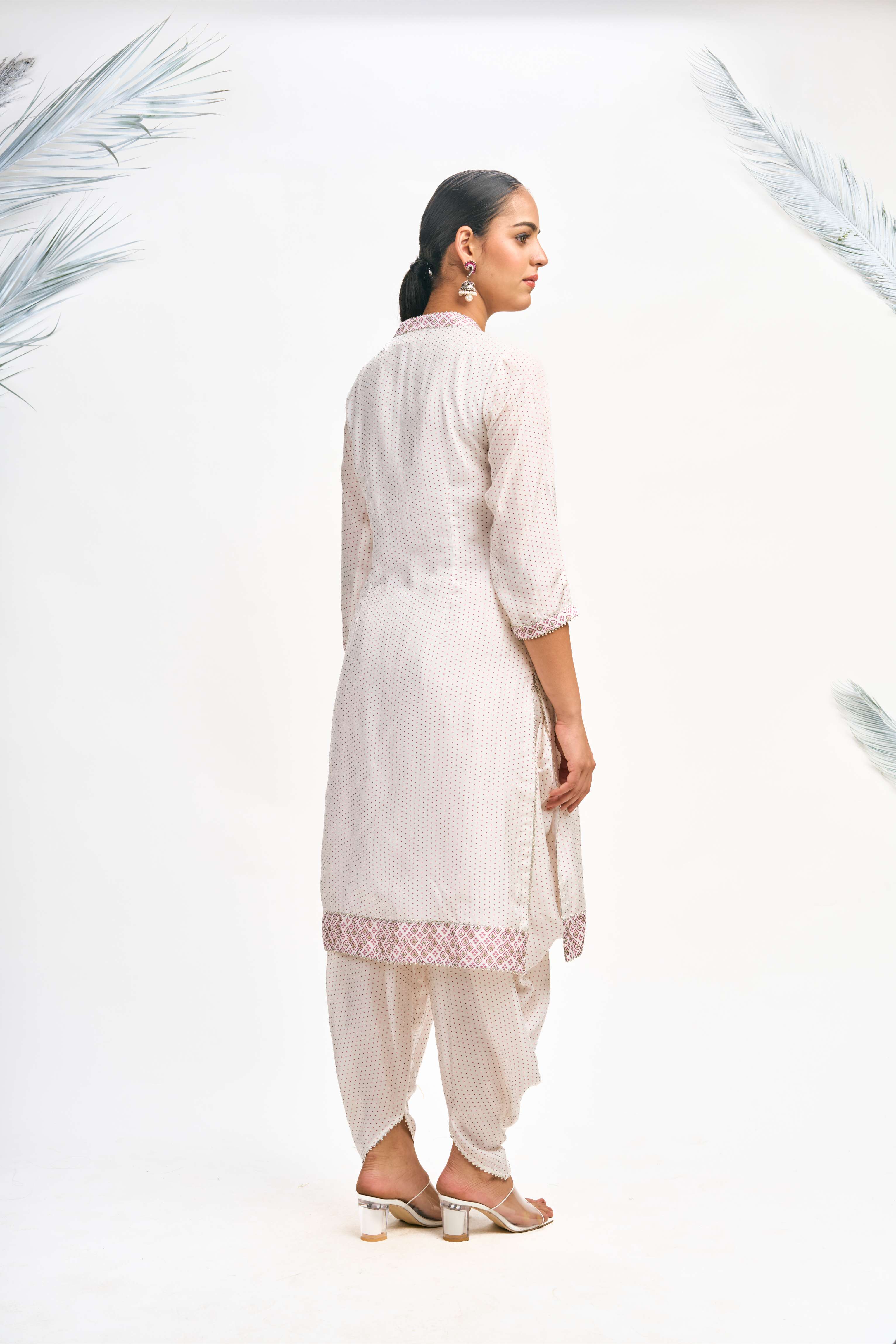 White Polka Dot Kurta with Dhoti Pants and Dupatta Set