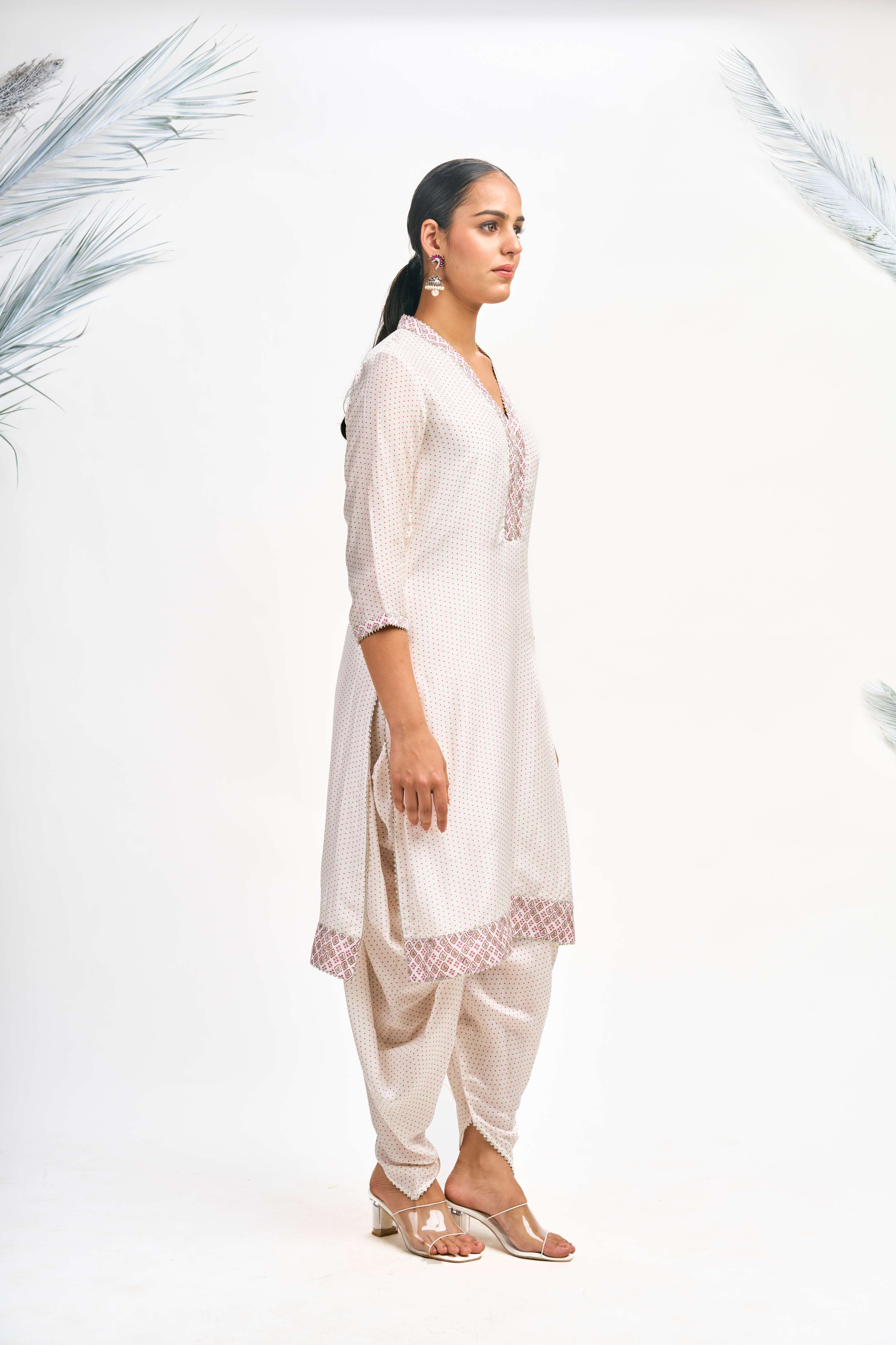 White Polka Dot Kurta with Dhoti Pants and Dupatta Set