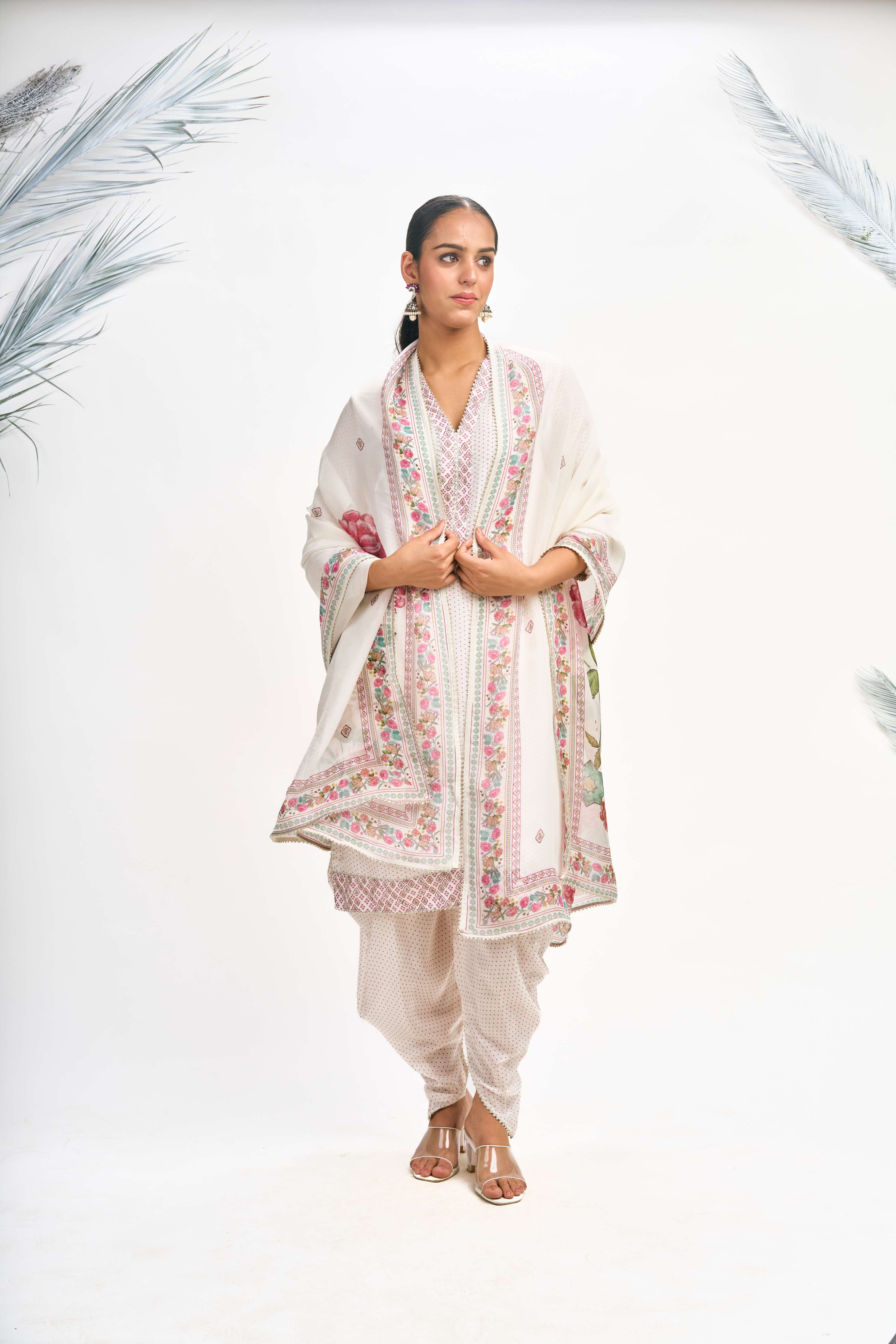 White Polka Dot Kurta with Dhoti Pants and Dupatta Set