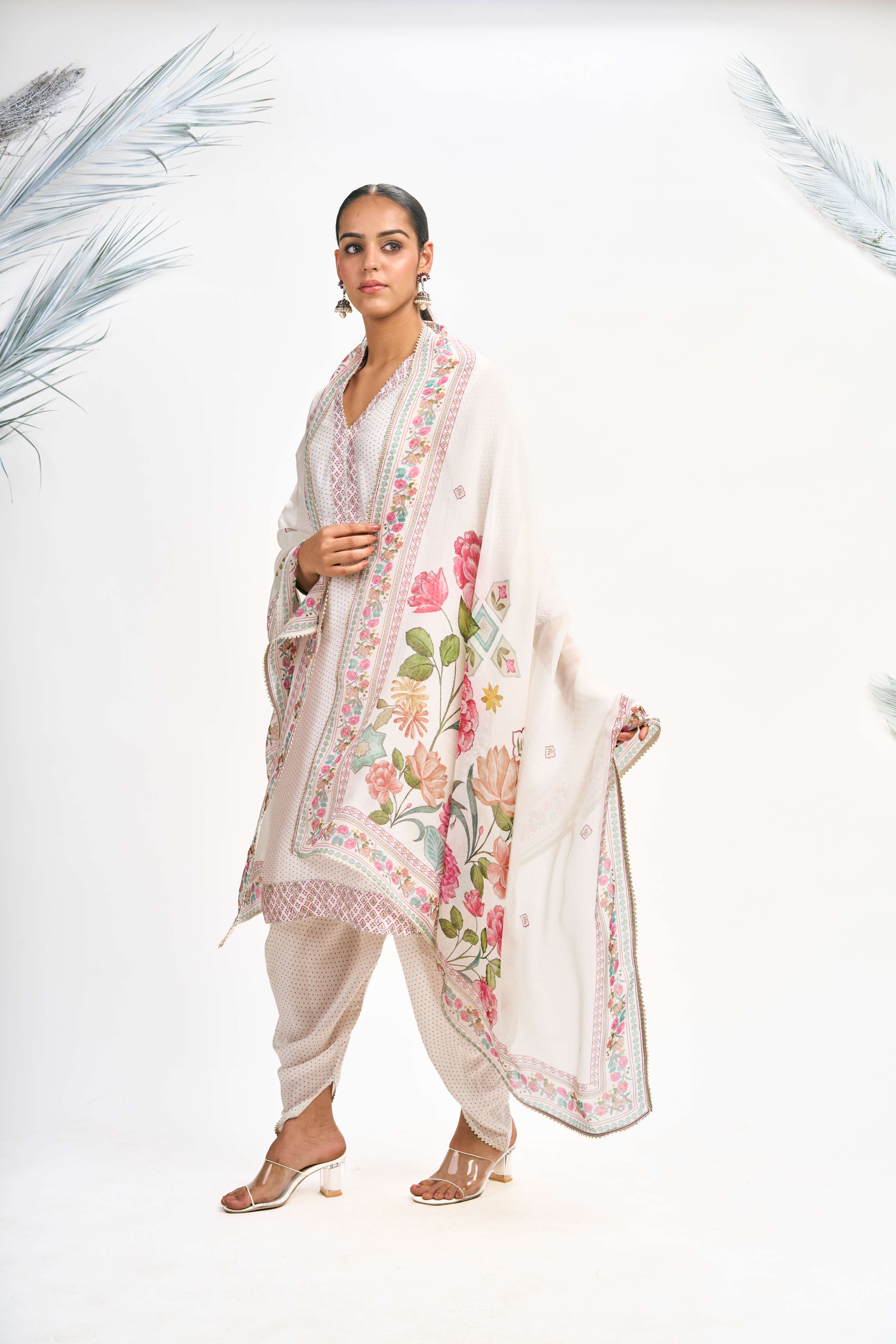 White Polka Dot Kurta with Dhoti Pants and Dupatta Set