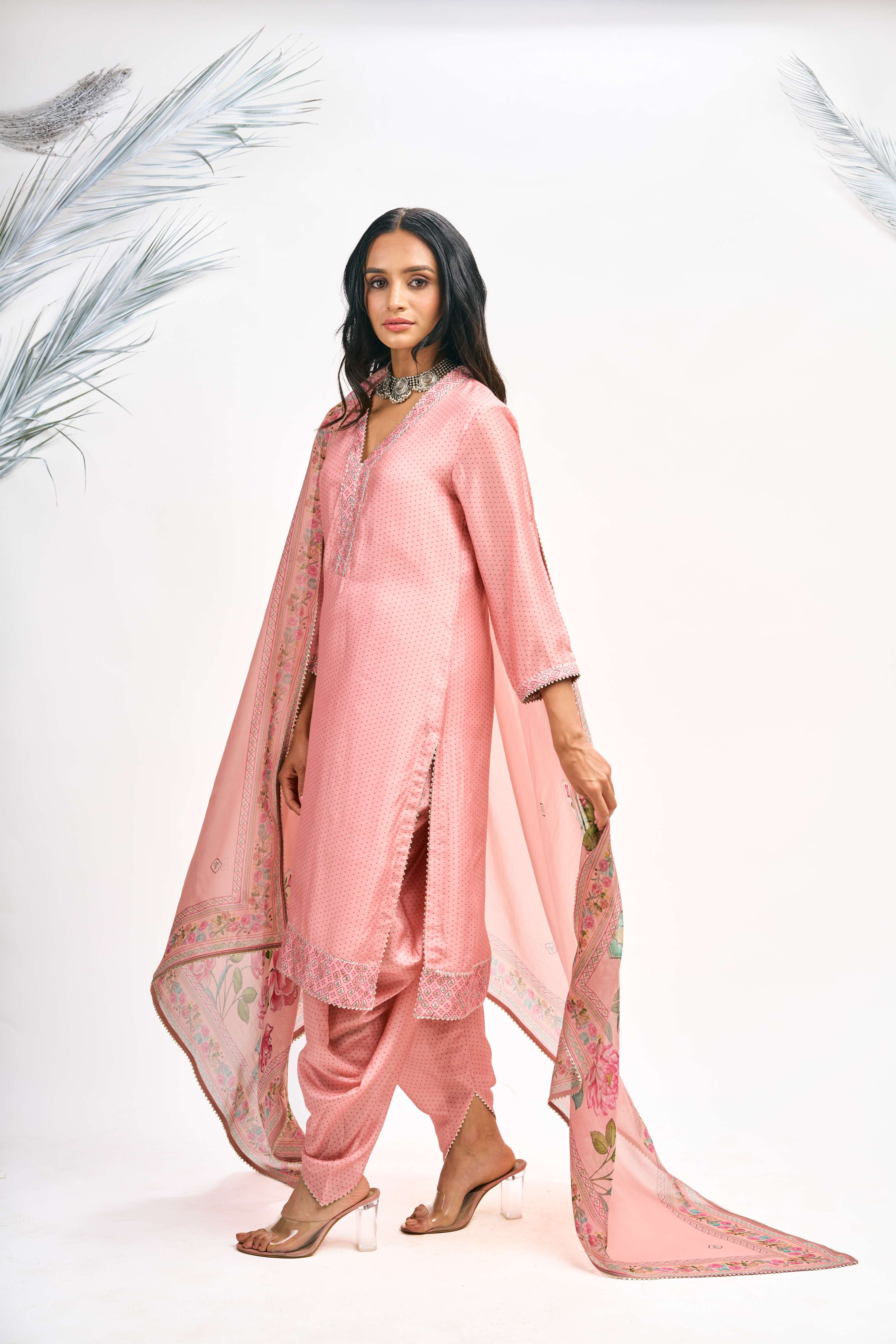 Peach Polka Dot Kurta with Dhoti Pants and Dupatta Set