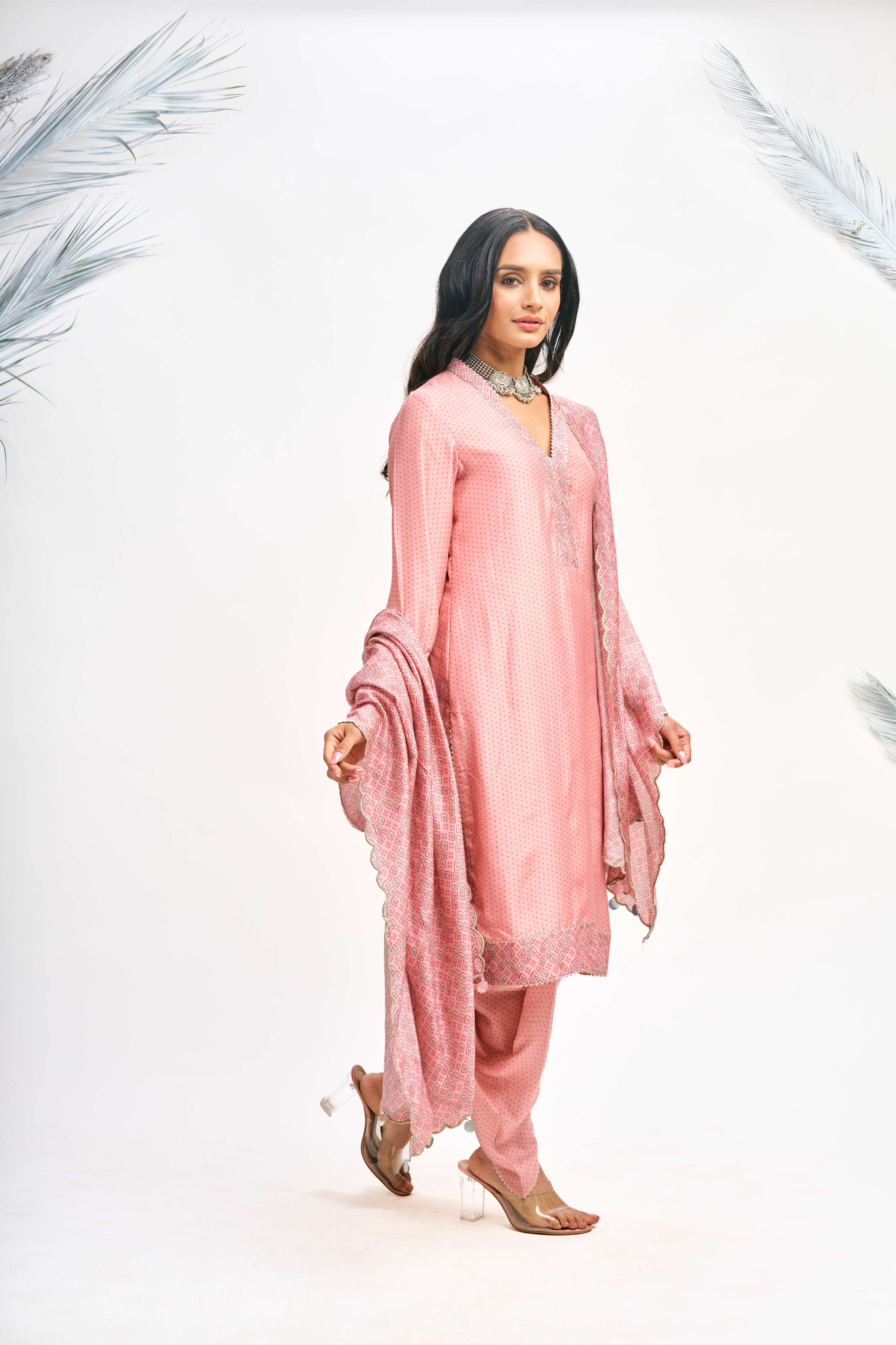 Peach Polka Dot Kurta with Dhoti Pants and Dupatta Set