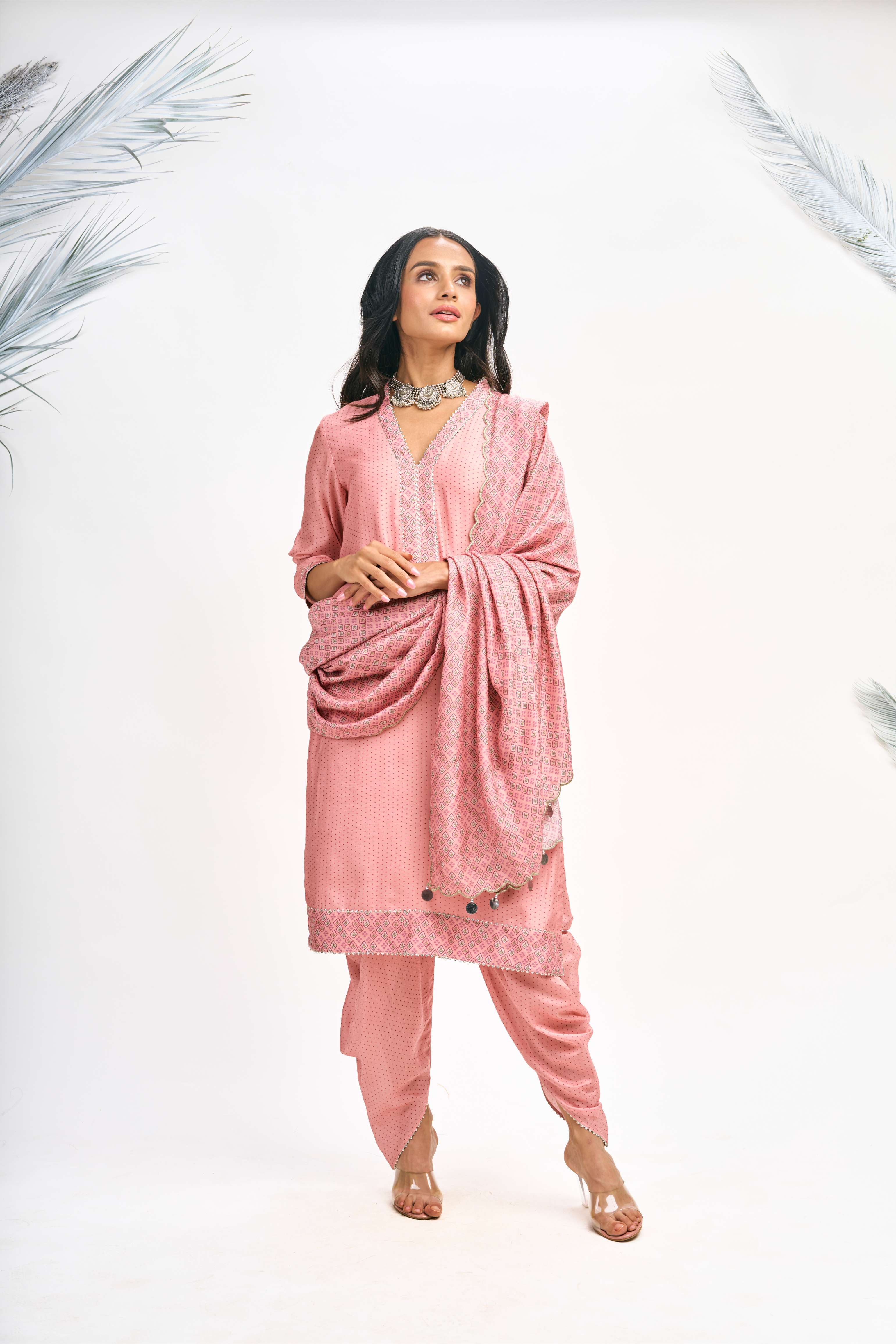 Peach Polka Dot Kurta with Dhoti Pants and Dupatta Set