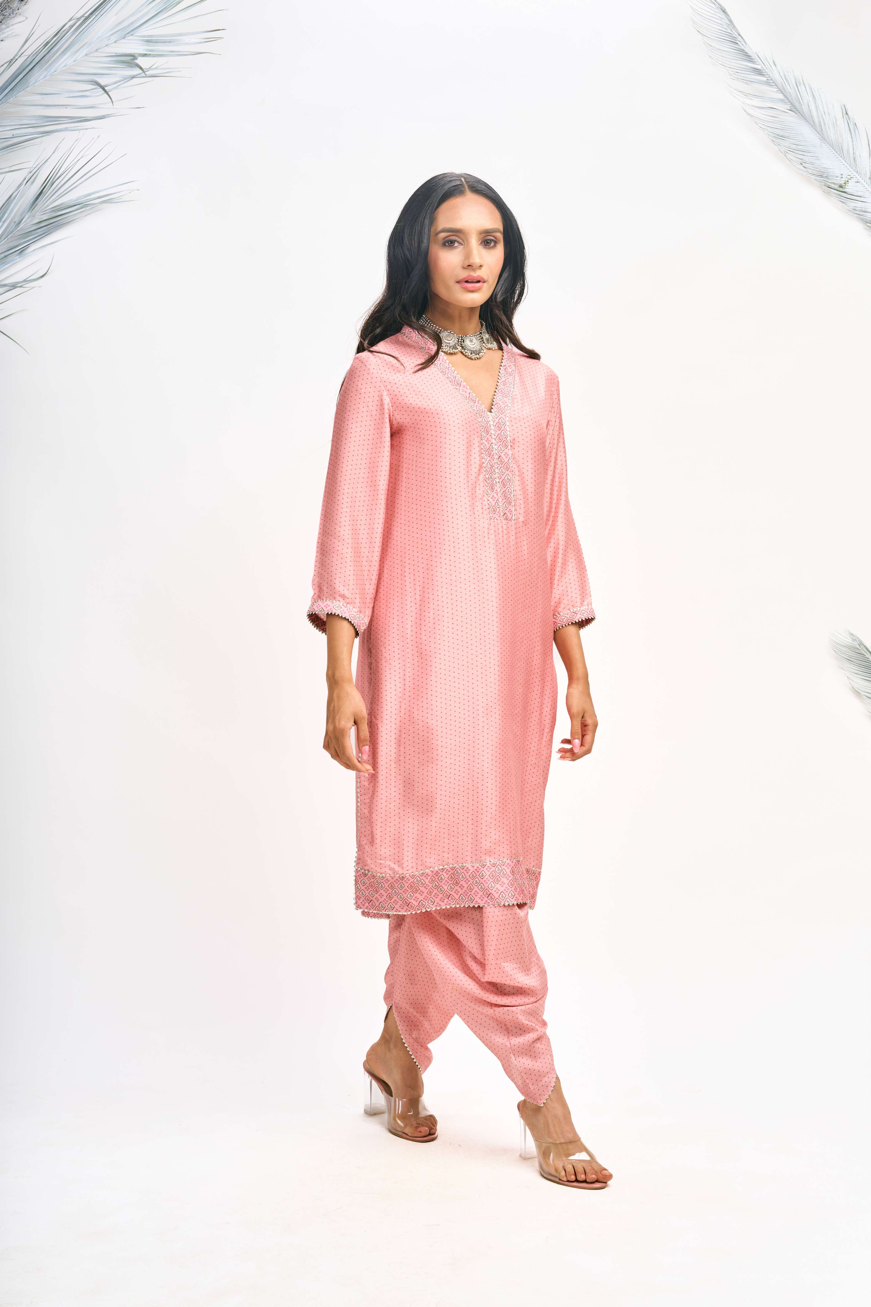 Peach Polka Dot Kurta with Dhoti Pants and Dupatta Set