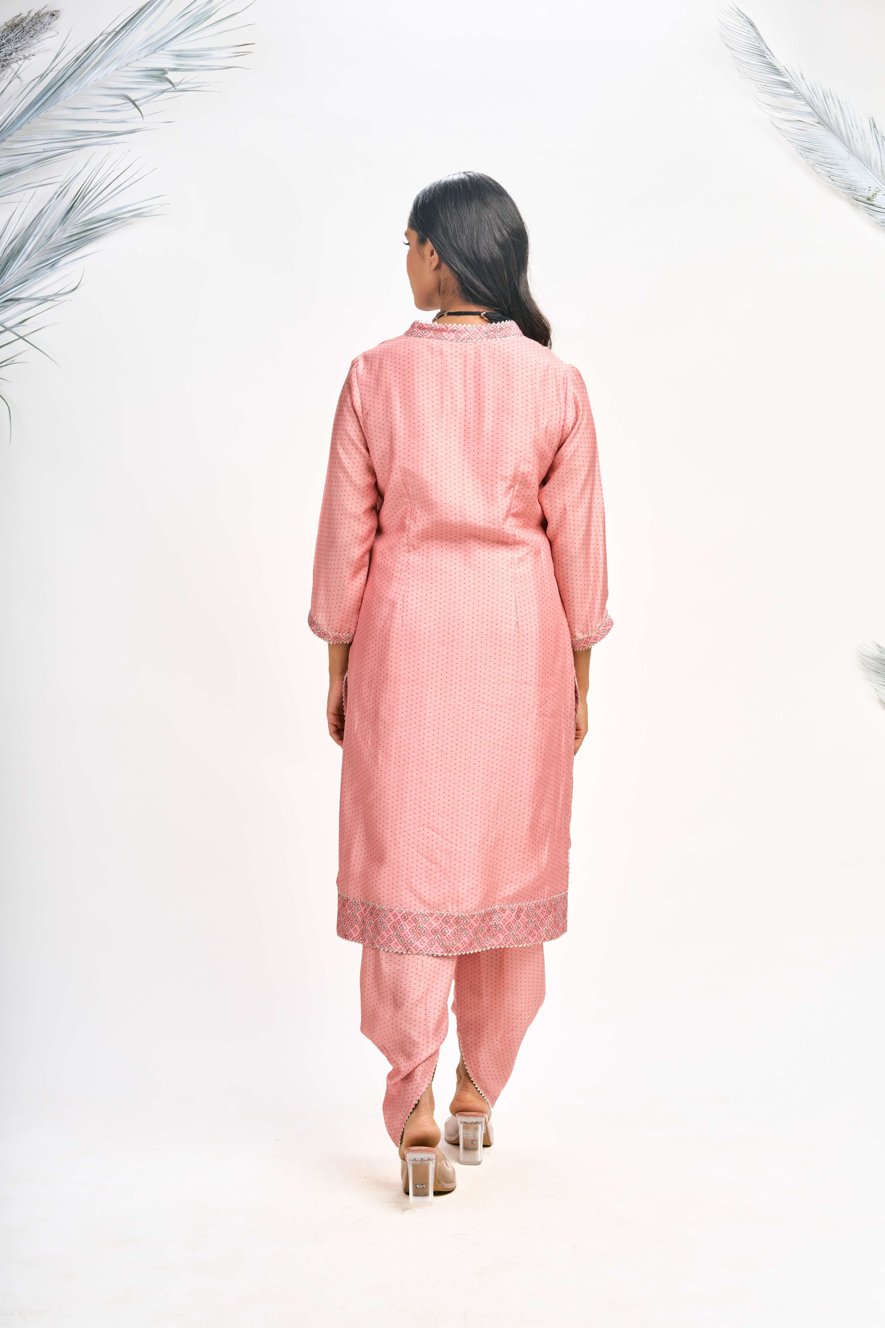 Peach Polka Dot Kurta with Dhoti Pants and Dupatta Set