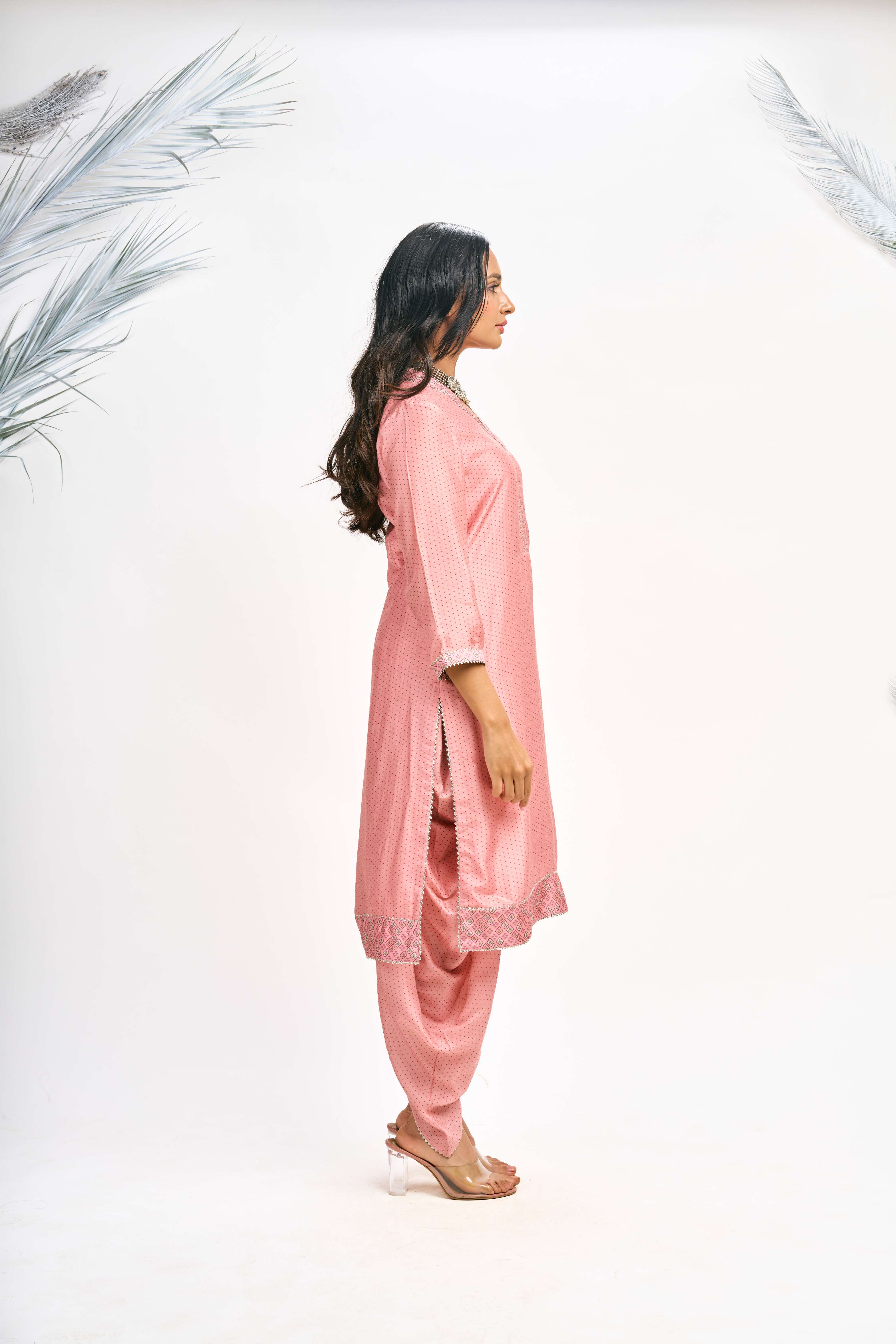 Peach Polka Dot Kurta with Dhoti Pants and Dupatta Set