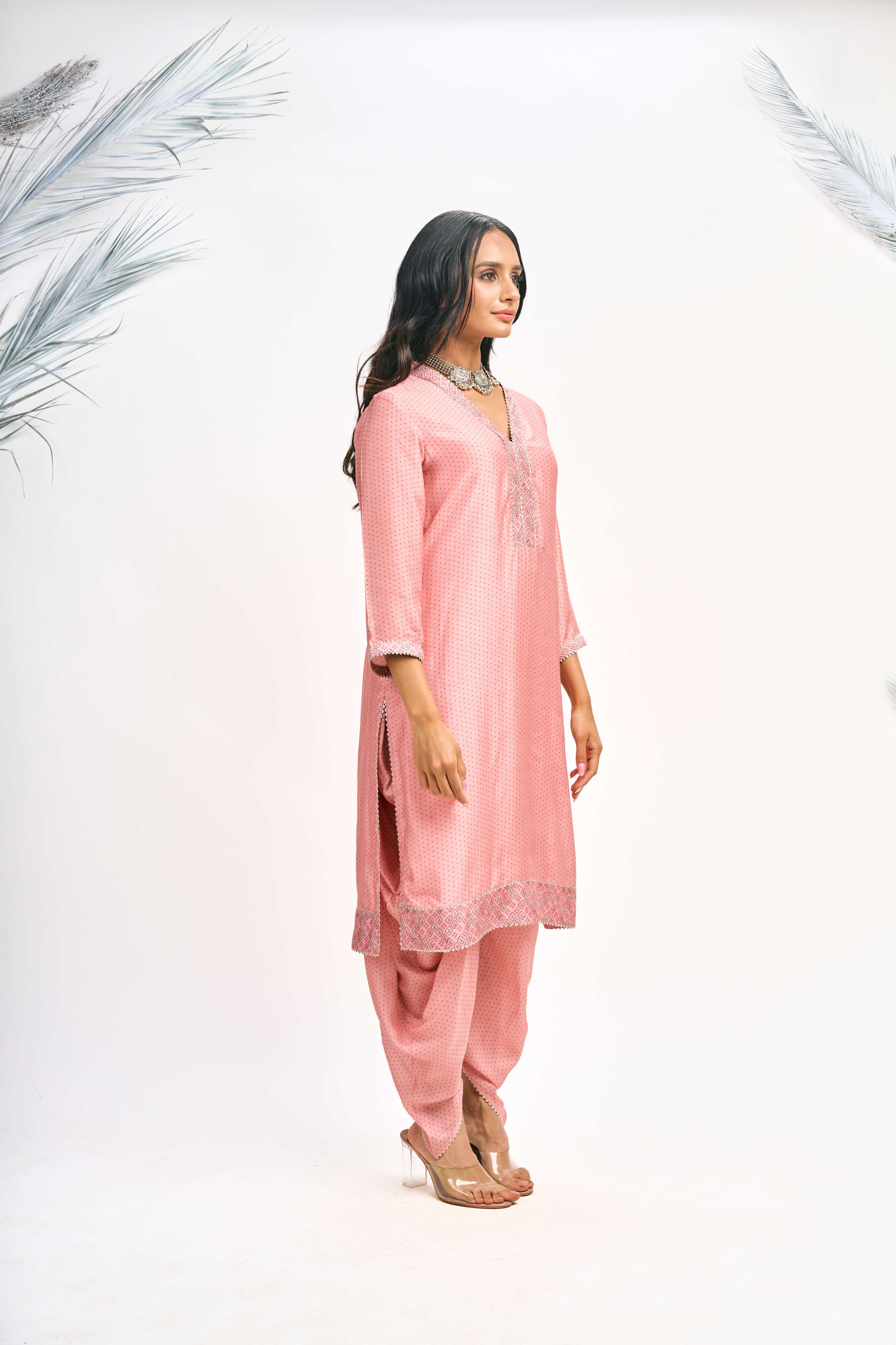 Peach Polka Dot Kurta with Dhoti Pants and Dupatta Set