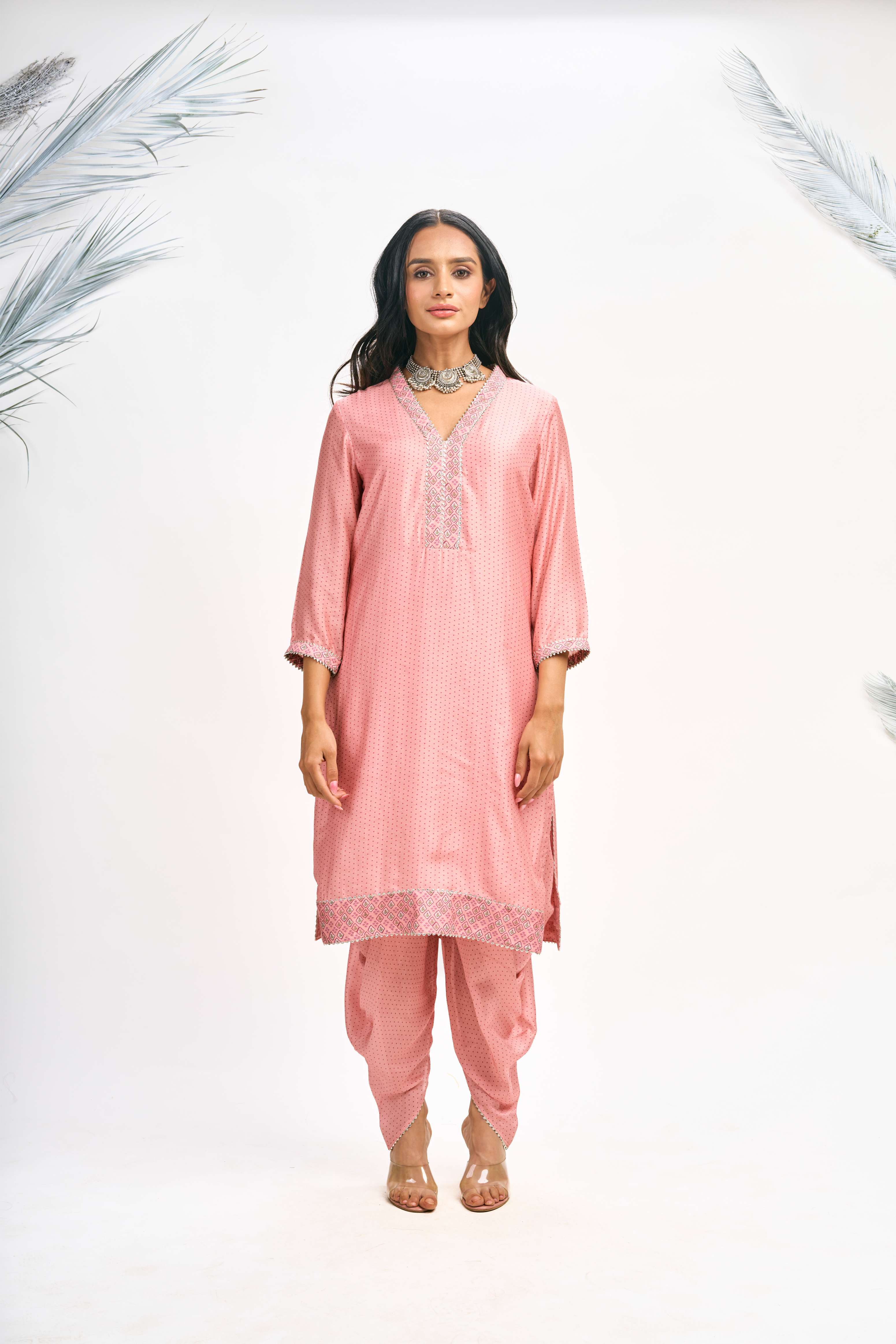 Peach Polka Dot Kurta with Dhoti Pants and Dupatta Set