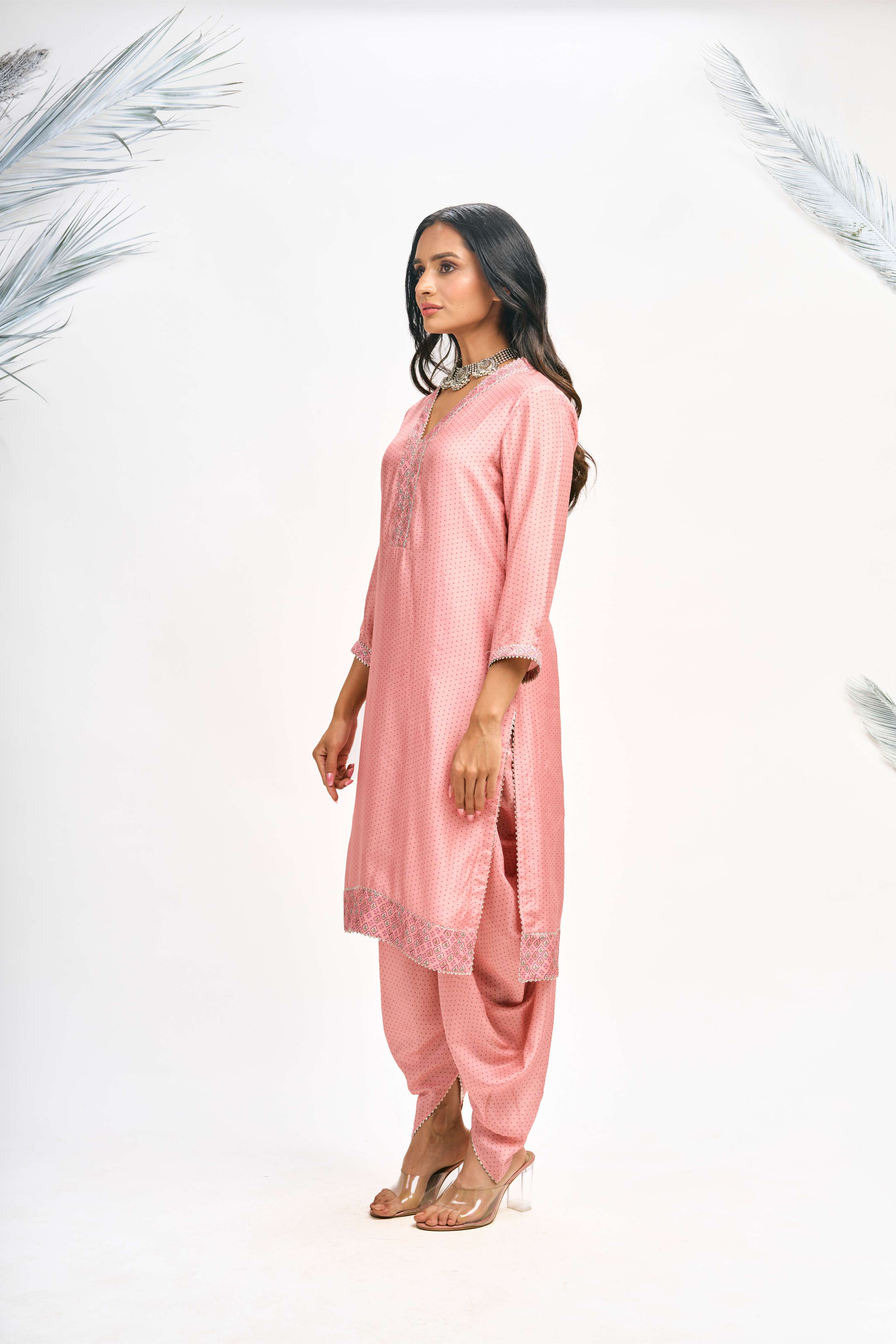 Peach Polka Dot Kurta with Dhoti Pants and Dupatta Set