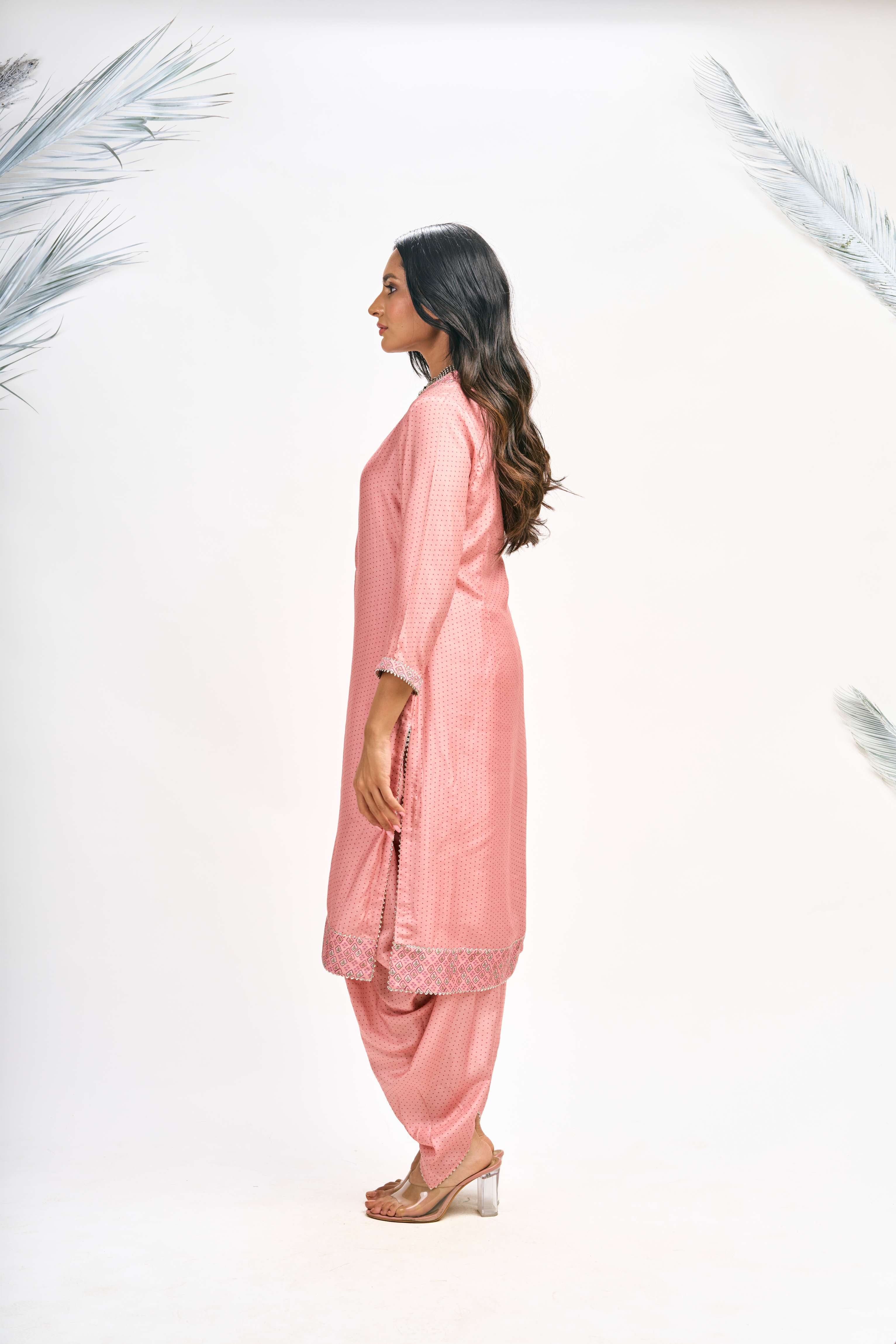 Peach Polka Dot Kurta with Dhoti Pants and Dupatta Set