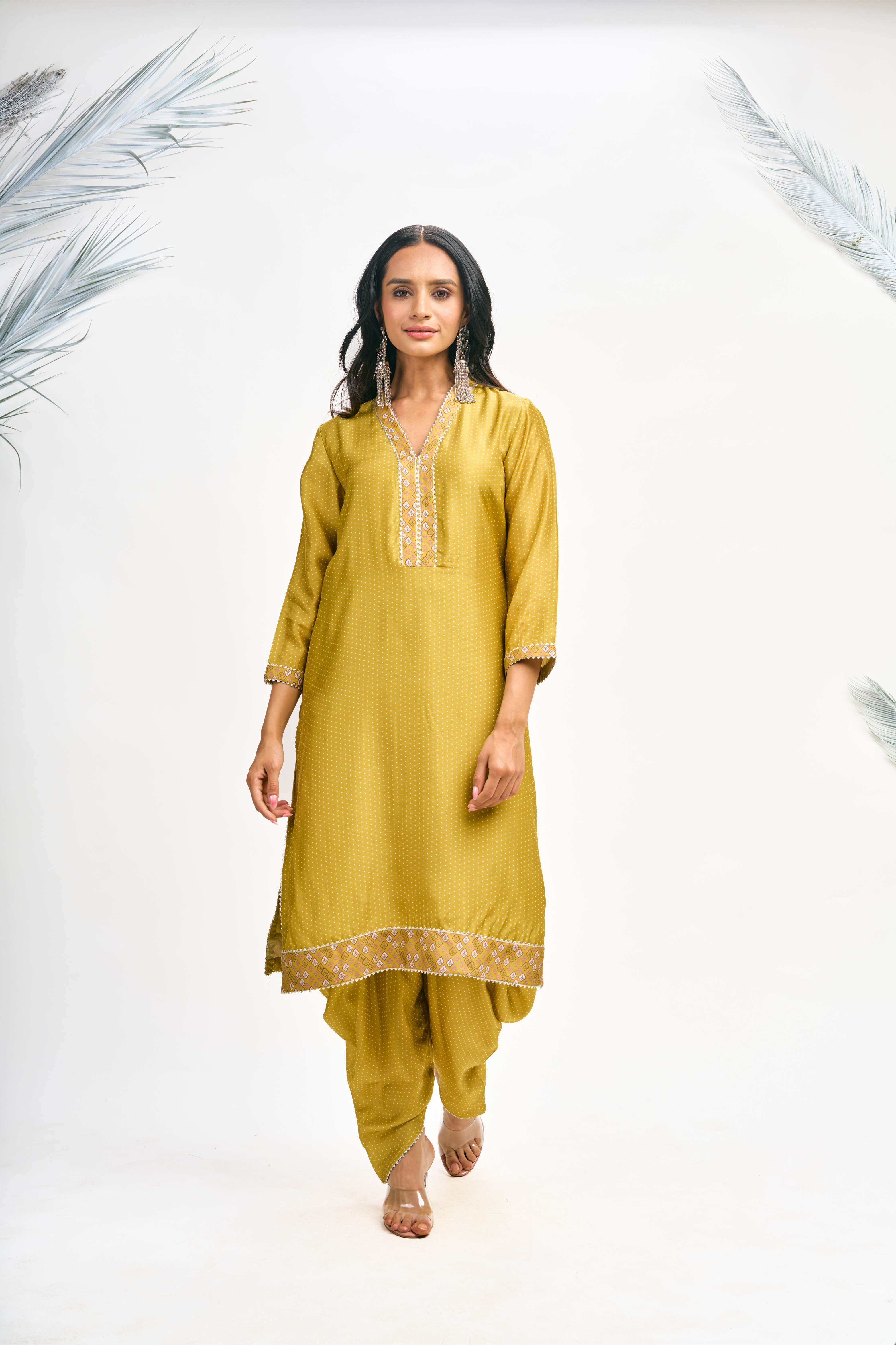 Mustard Green Polka Dot Kurta with Dhoti Pants and Dupatta Set